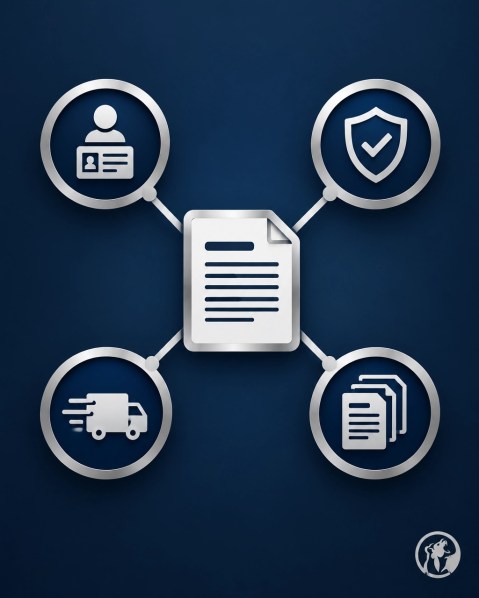 A document connected to four verification points representing issuer identity, independent confirmation, delivery history, and corroboration