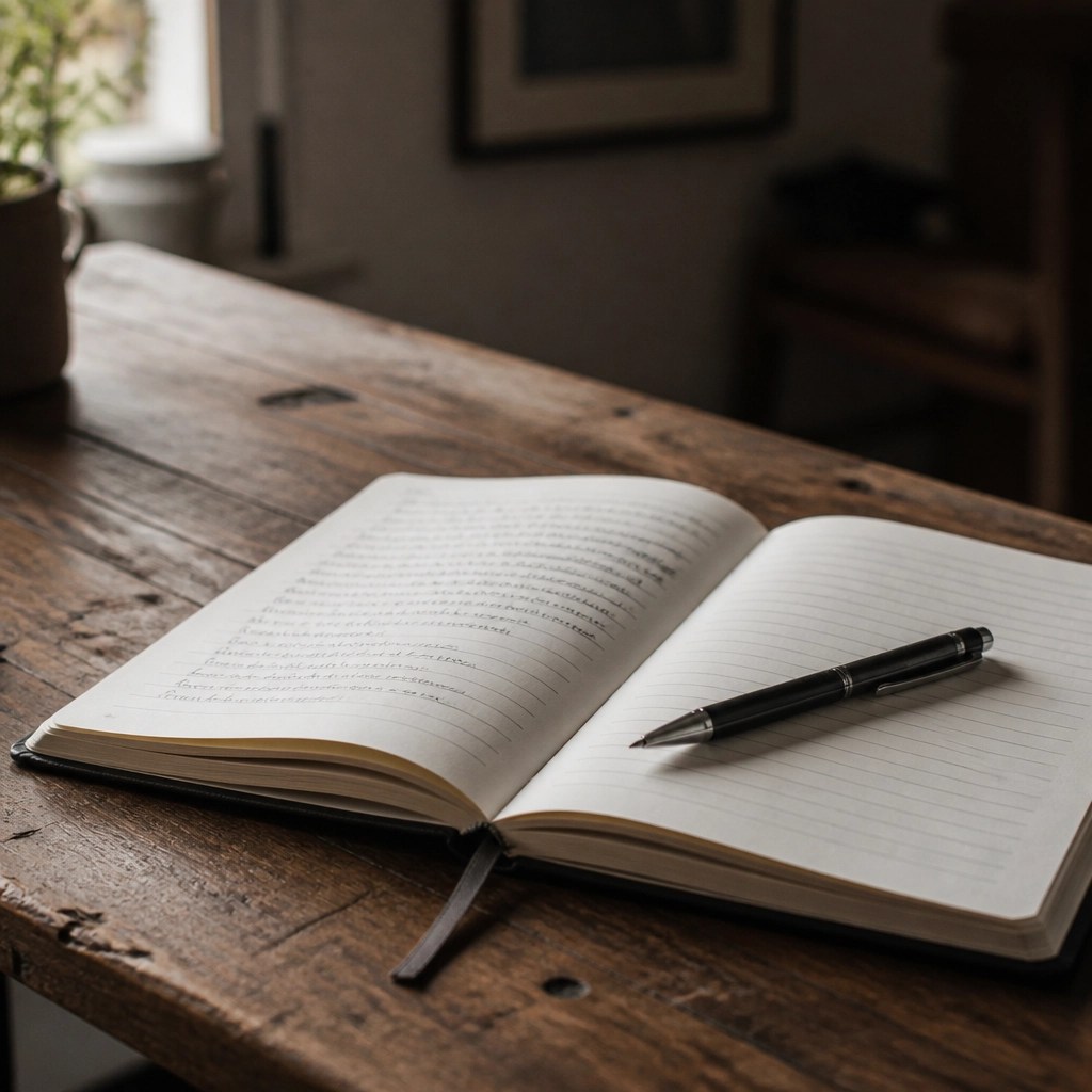 An open notebook on a rustic wooden table with a pen, in soft, natural light.