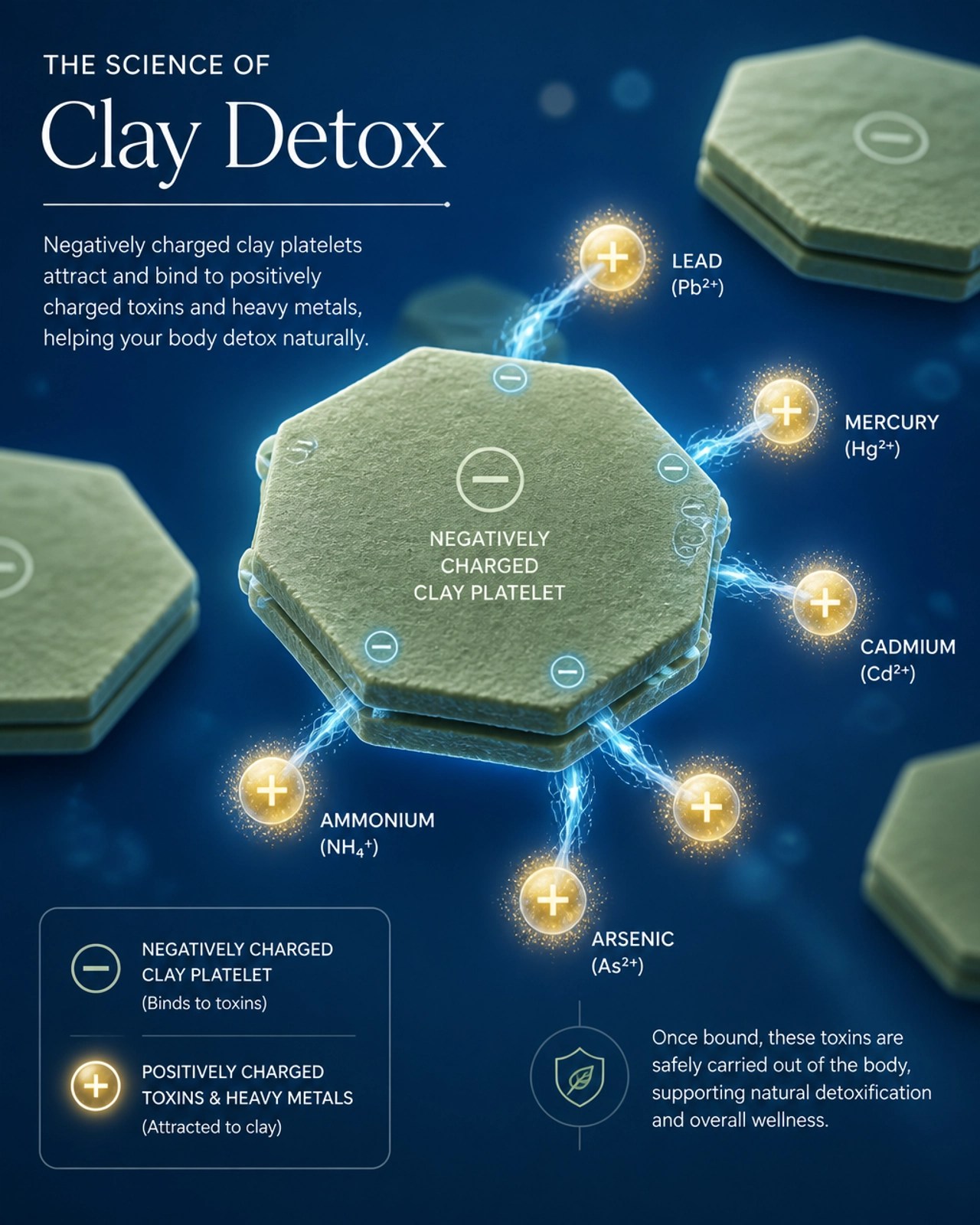 Conceptual illustration of negatively charged clay particles binding to positive toxins