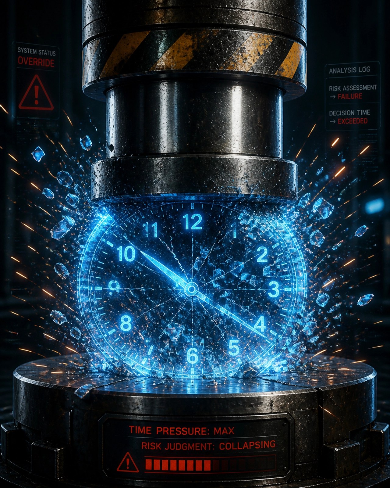 A digital holographic clock face being physically crushed and shattered by a heavy metallic industrial press