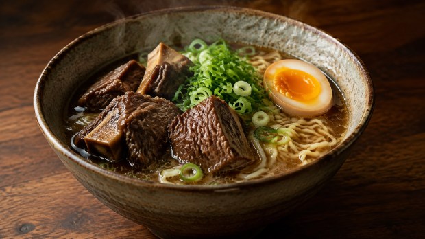 A rustic ceramic bowl of ramen with tender braised beef short ribs, fresh green onions, and a soft-boiled egg on a warm wooden table