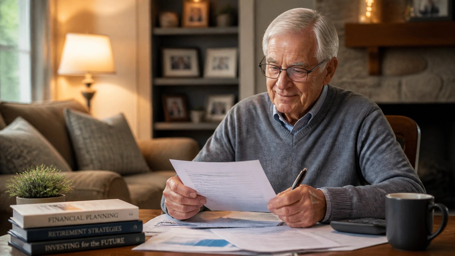 A cozy living room setting with an elderly person reviewing financial documents and planning for the future with peace of mind