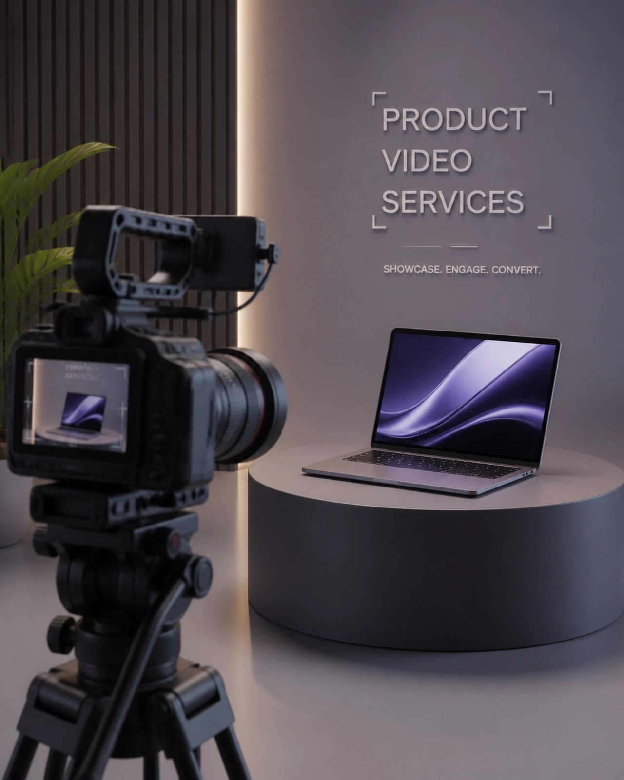 Professional video camera filming a laptop for product reviews