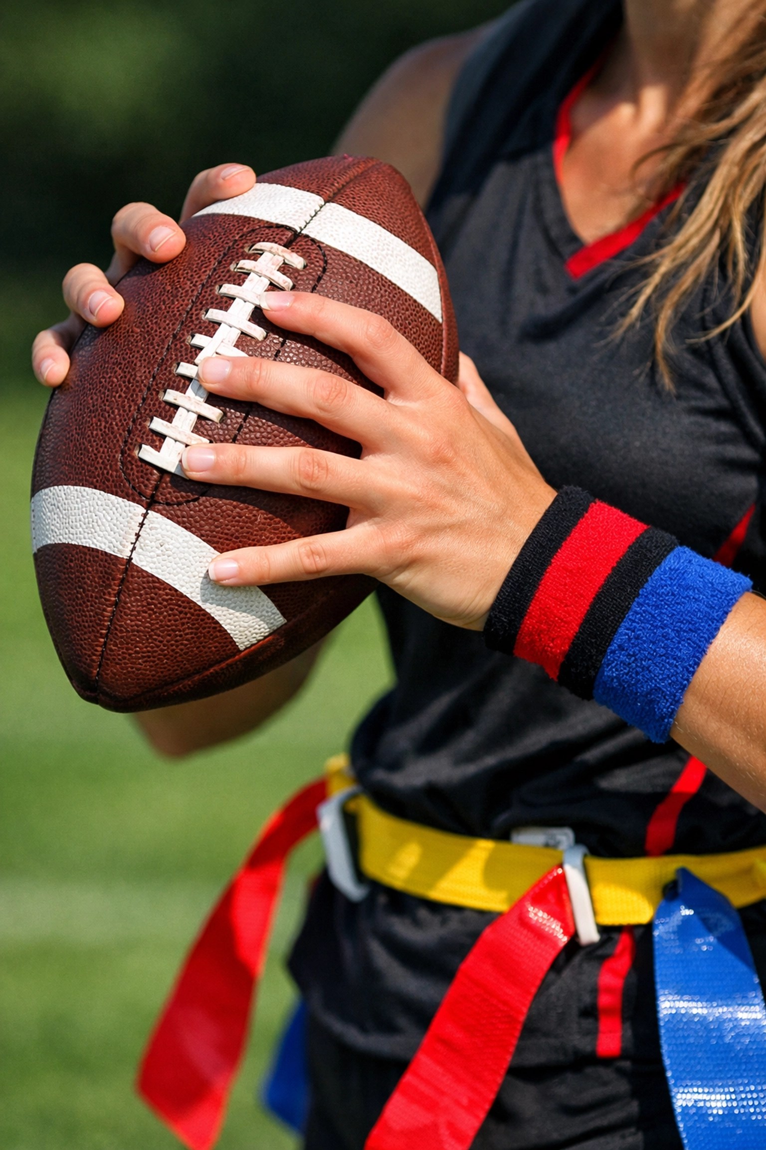 Female athlete gripping football with flag belt during skills training session