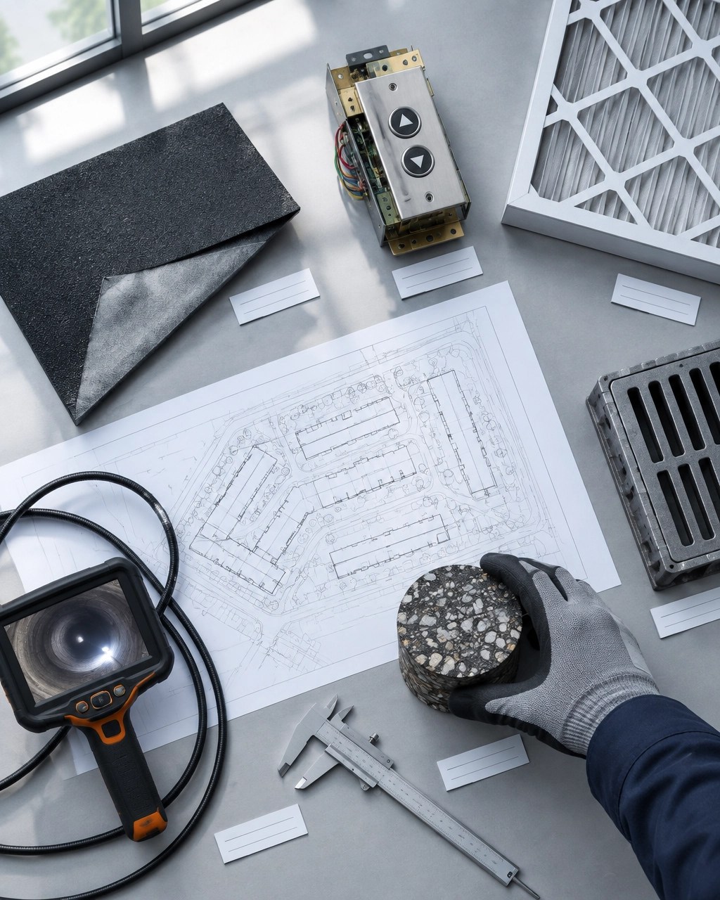 Technical reserve study worktable with building components, site plans, and inspection tools
