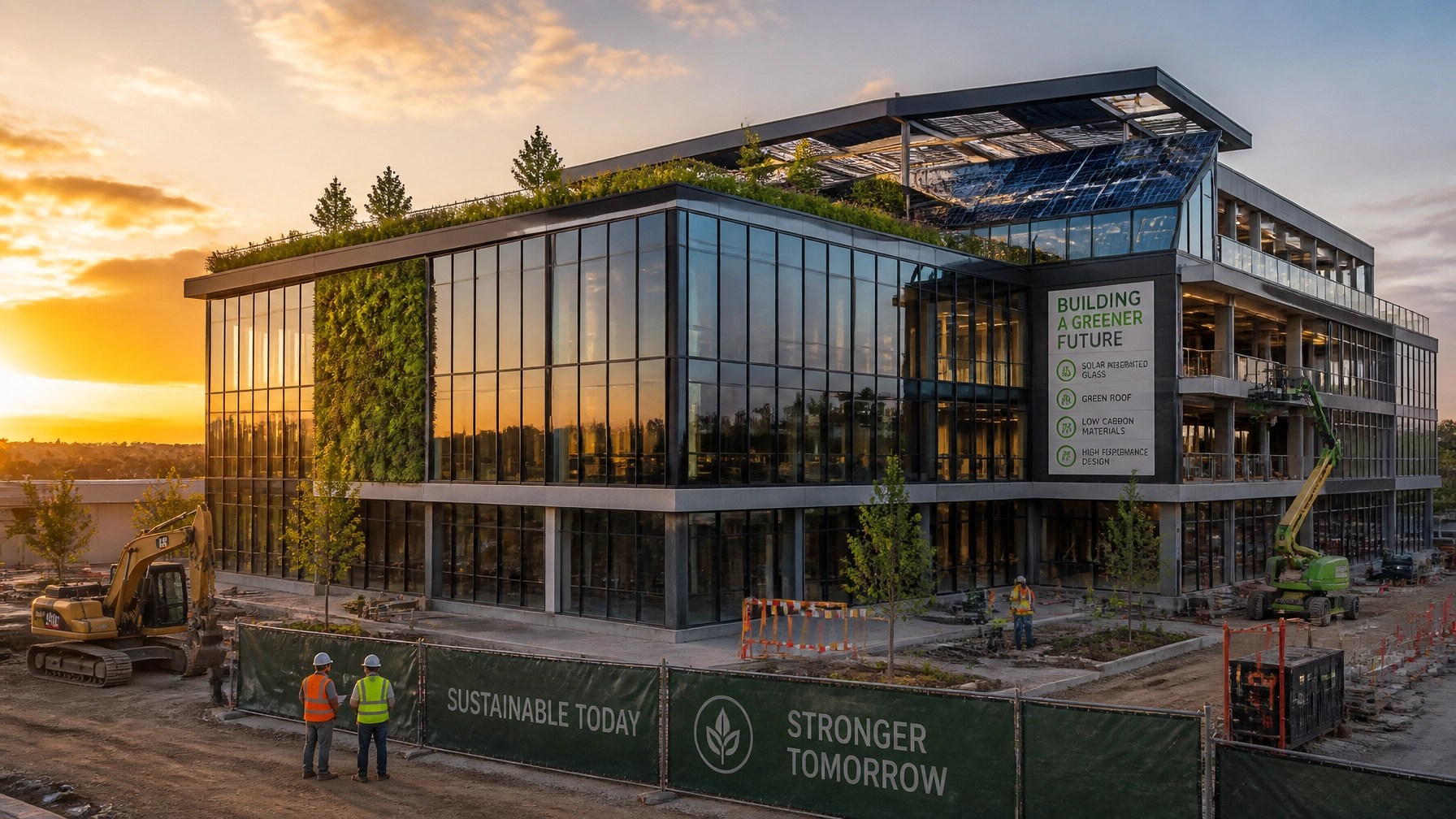 Commercial construction site with green features and solar glass