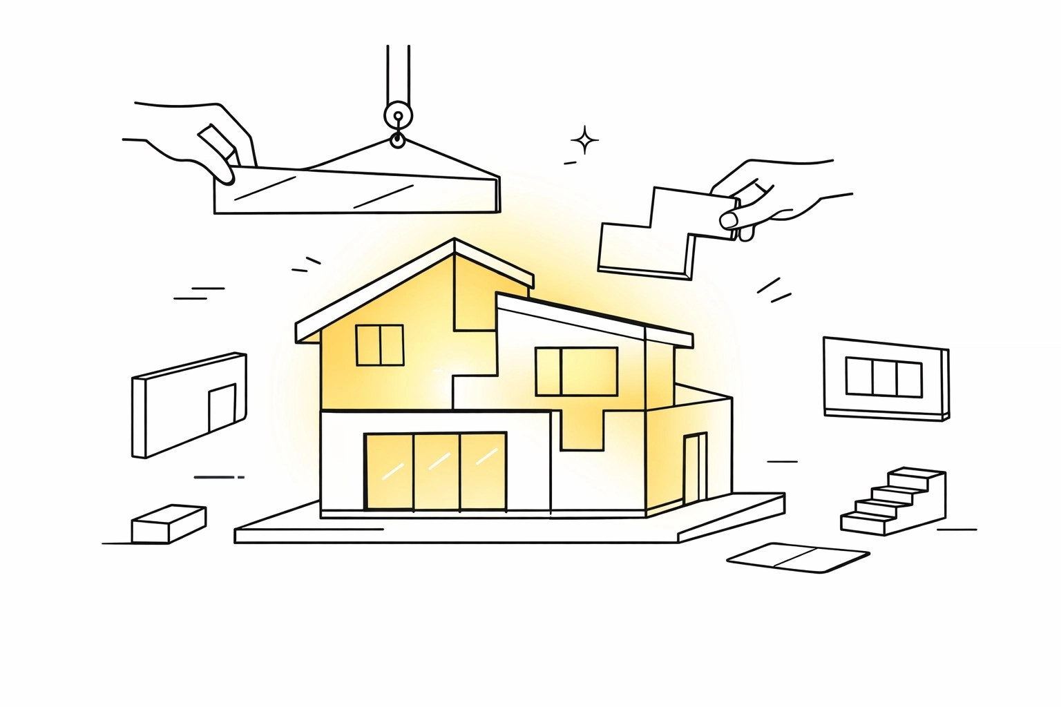 Minimalist illustration of a custom house puzzle representing an efficient, single-vendor building process.