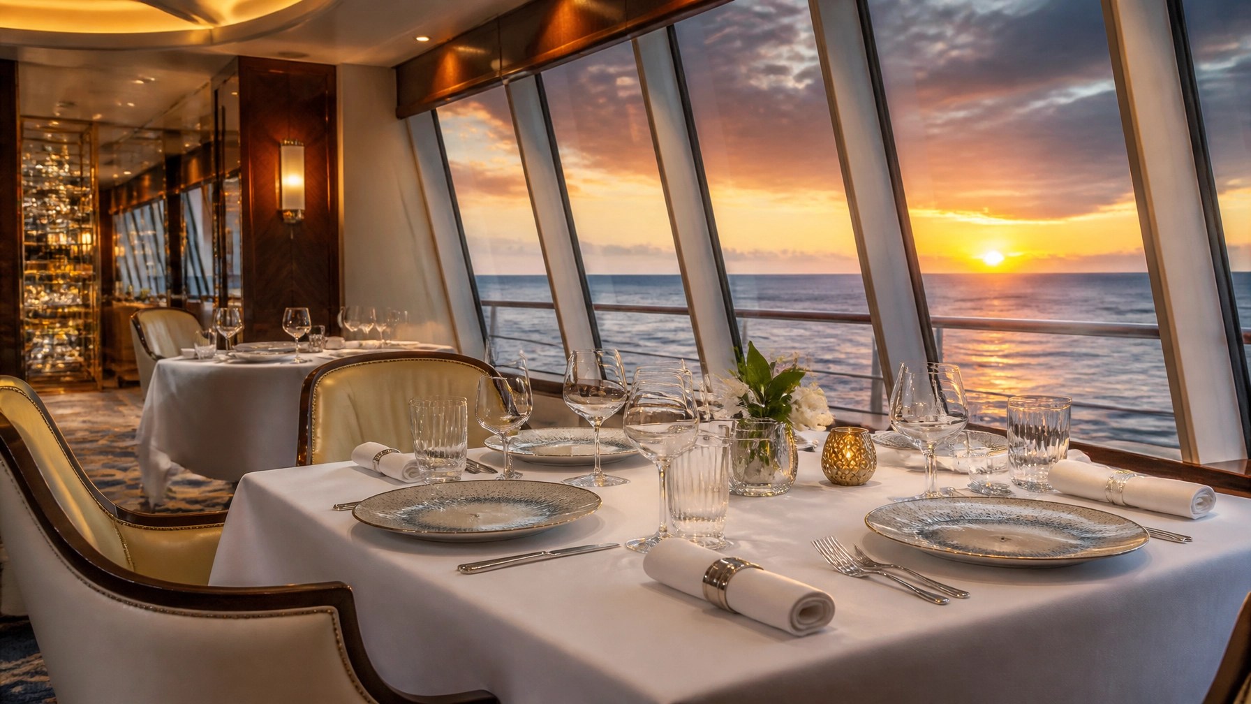 Elegant specialty dining table on a luxury cruise ship beside panoramic ocean windows at sunset. No people.