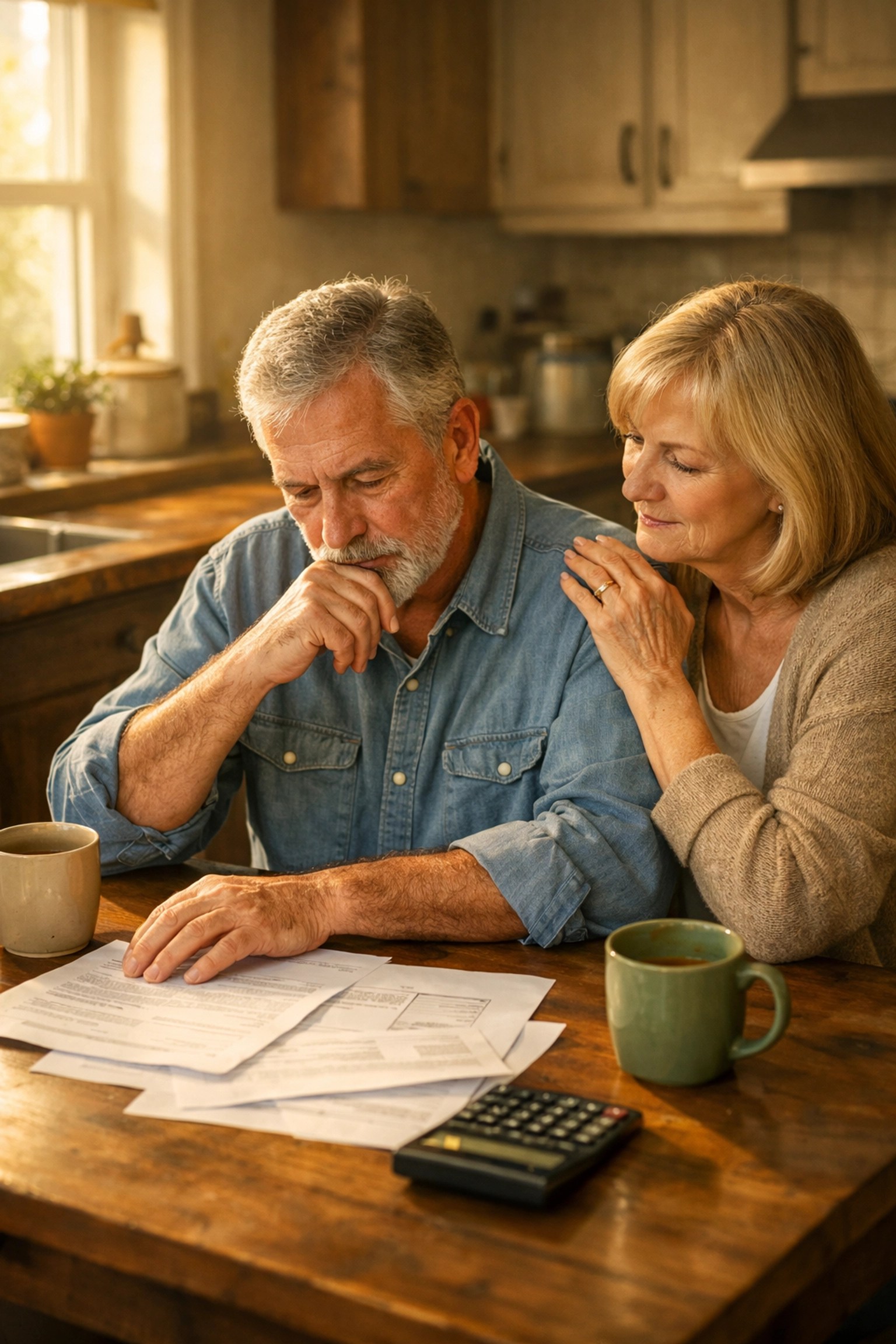 Mature couple reviewing retirement finances and doing calculations at kitchen table