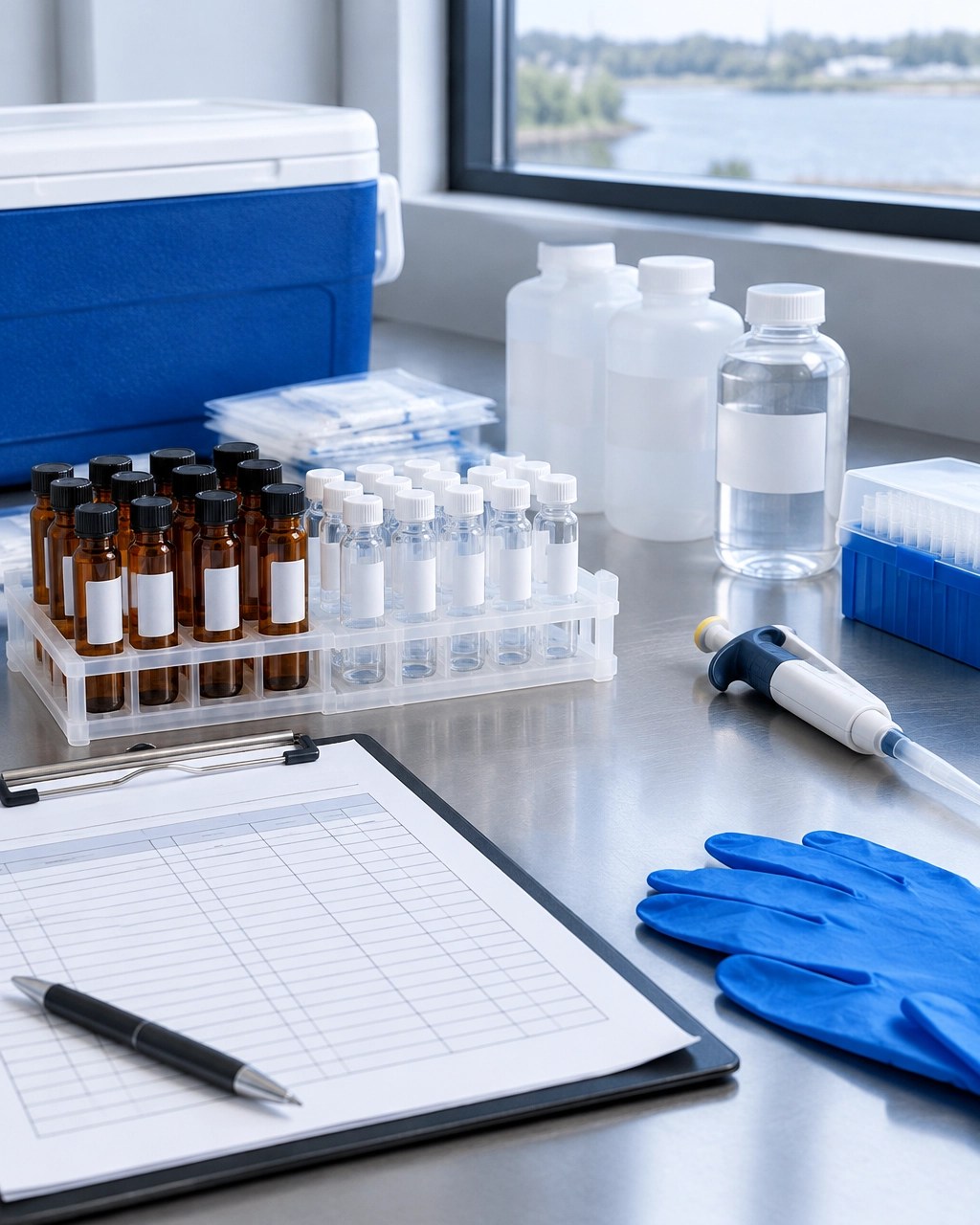 PFAS laboratory sample preparation bench with groundwater vials and chain-of-custody materials