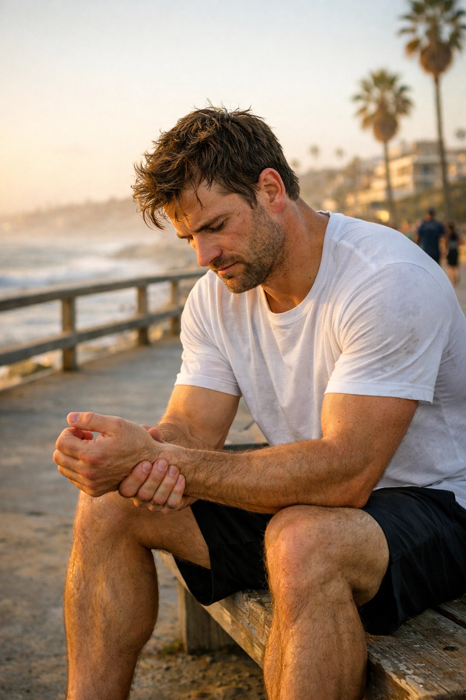 Athlete performing wrist mobility stretches for natural carpal tunnel relief and injury prevention.