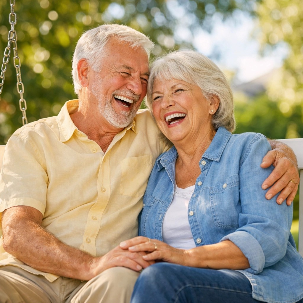 A joyful senior couple laughing together, representing healthy smiles with affordable dental insurance for seniors.