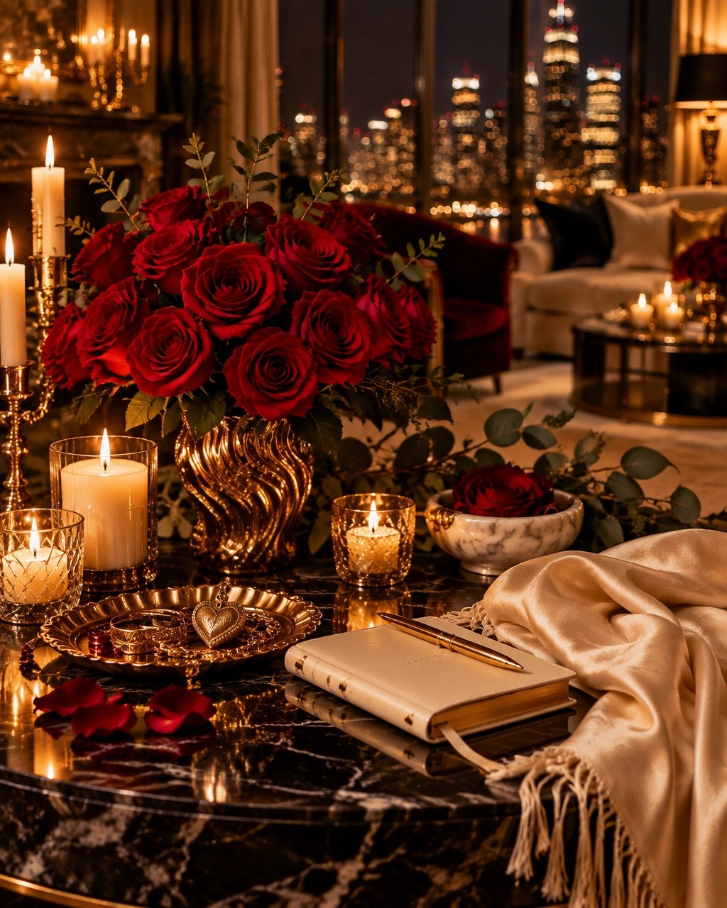 Opulent self-devotion altar with red roses, candlelight, black marble, and gold for manifesting love and divine feminine energy
