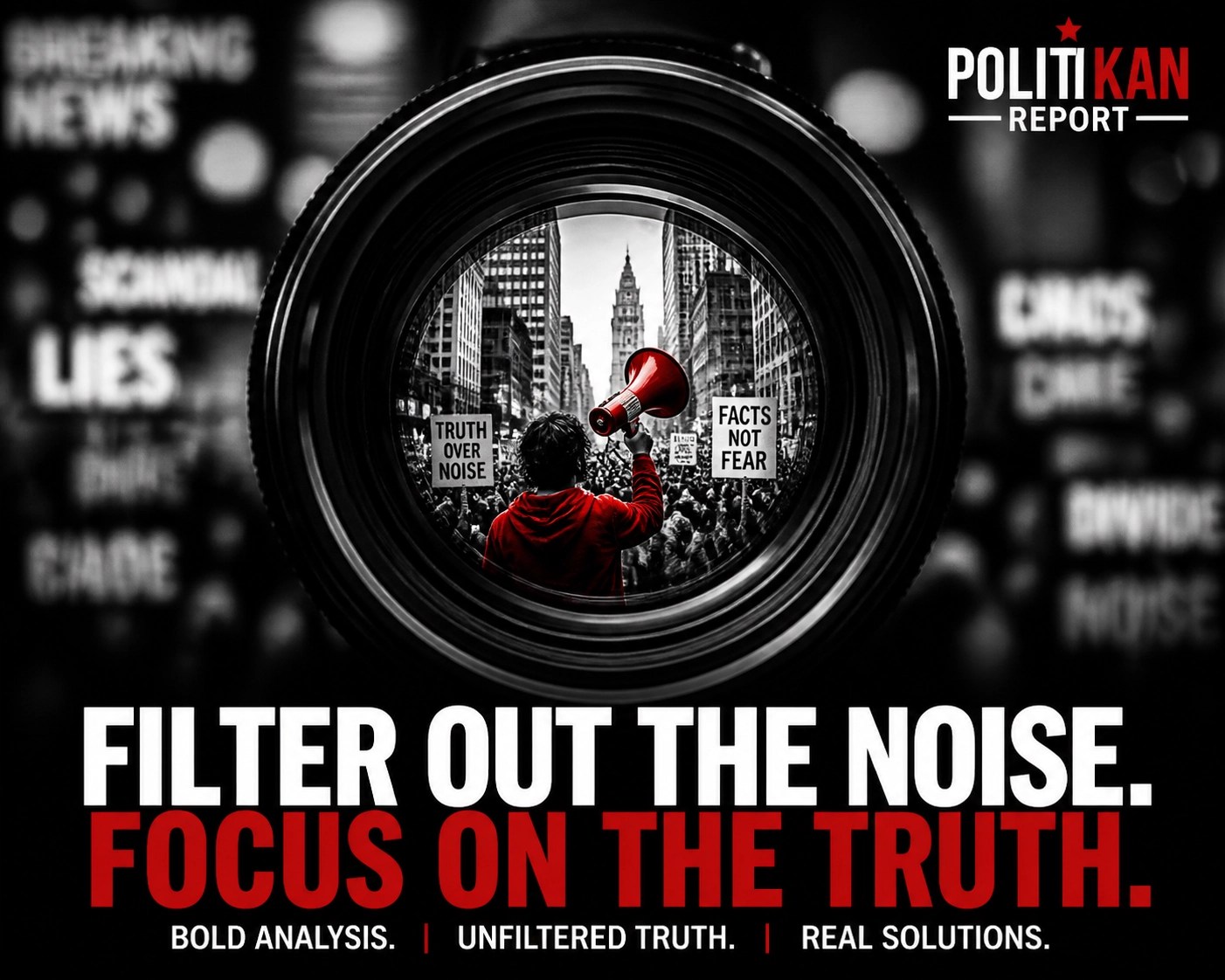 Reflection in a camera lens of a person with a megaphone, illustrating filtering through cultural noise.