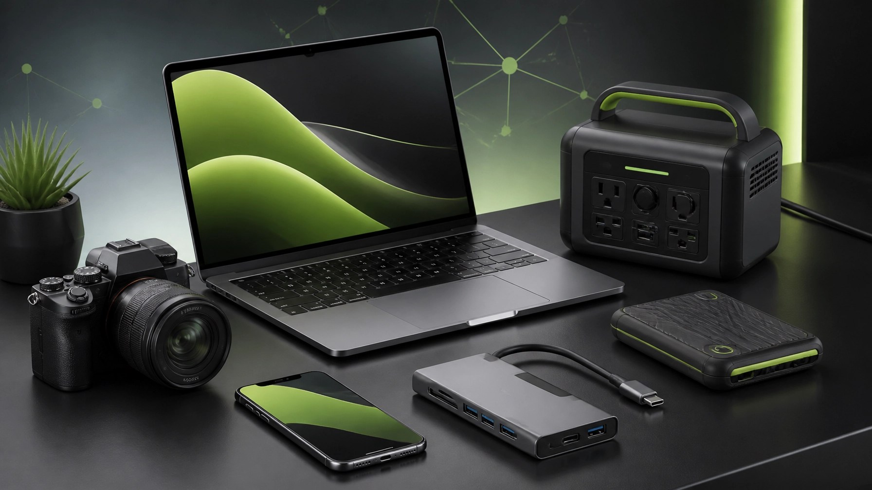 Premium laptop, mirrorless camera, smartphone, USB-C hub, portable SSD, and power station arranged for an electronics review