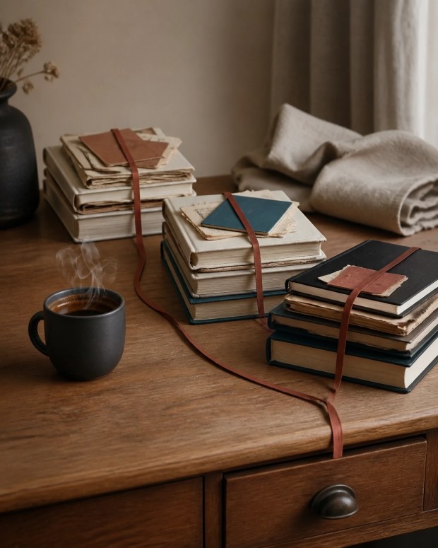 Three stacks of blank notebooks and identity cards connected by a single red thread beside espresso