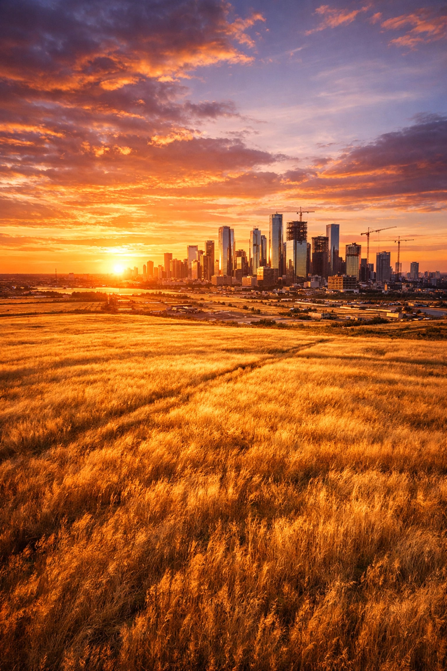 Raw land field in the path of progress near a growing modern city skyline.