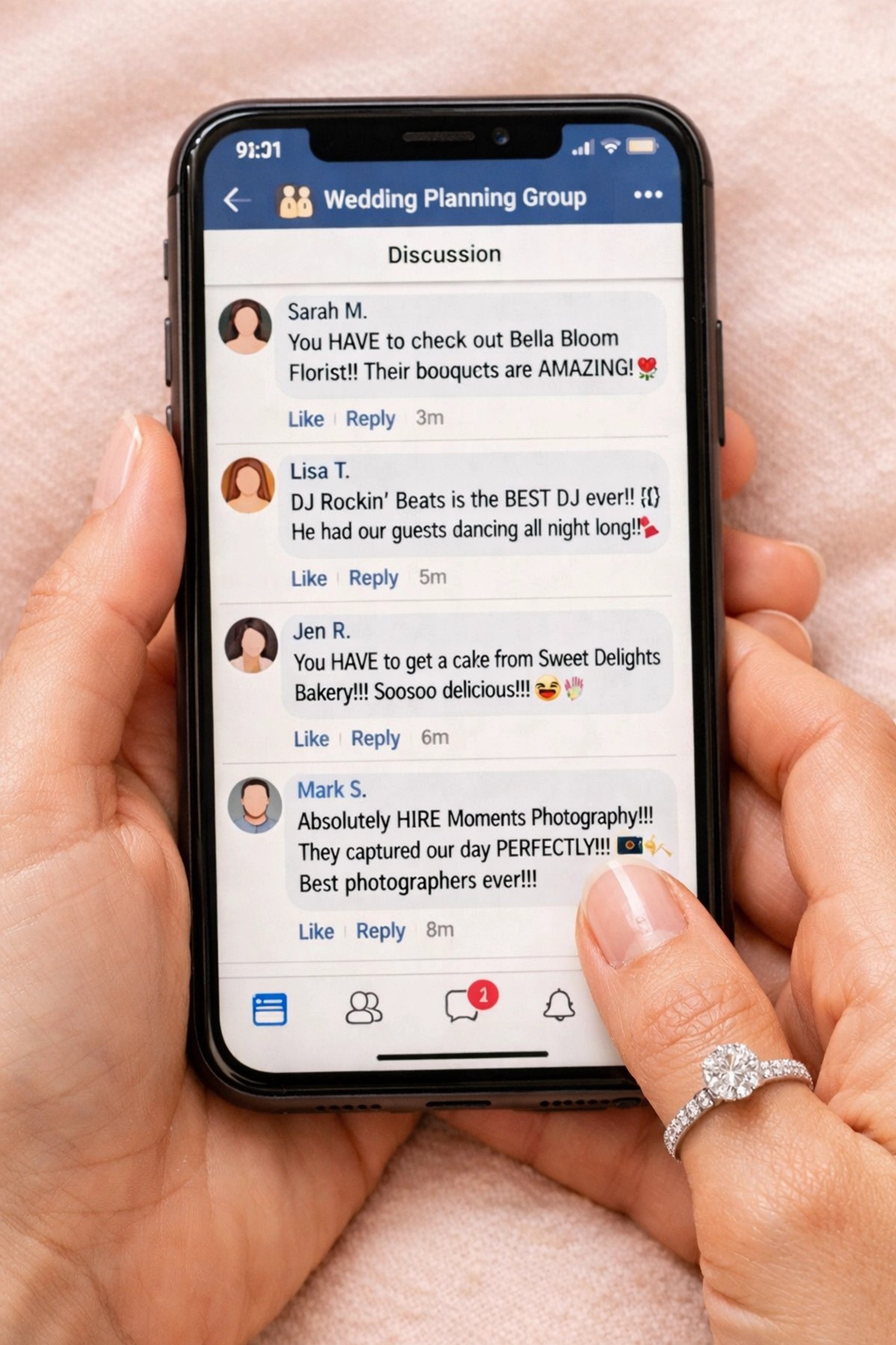 Bride viewing Facebook wedding group recommendations on smartphone for Kent wedding planning