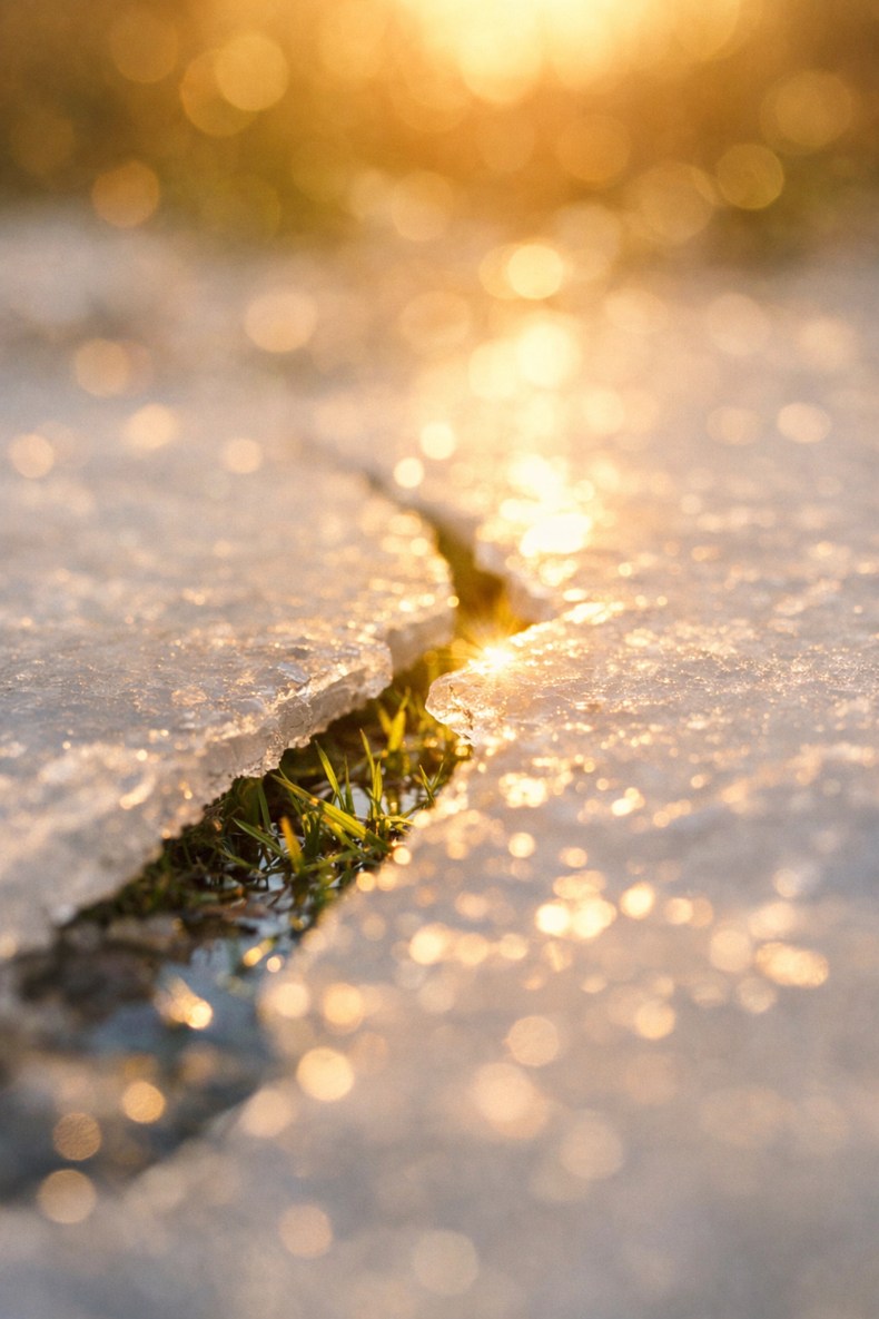 Ice cracking with sunlight breaking through, symbolizing hope for job market recovery and new opportunities