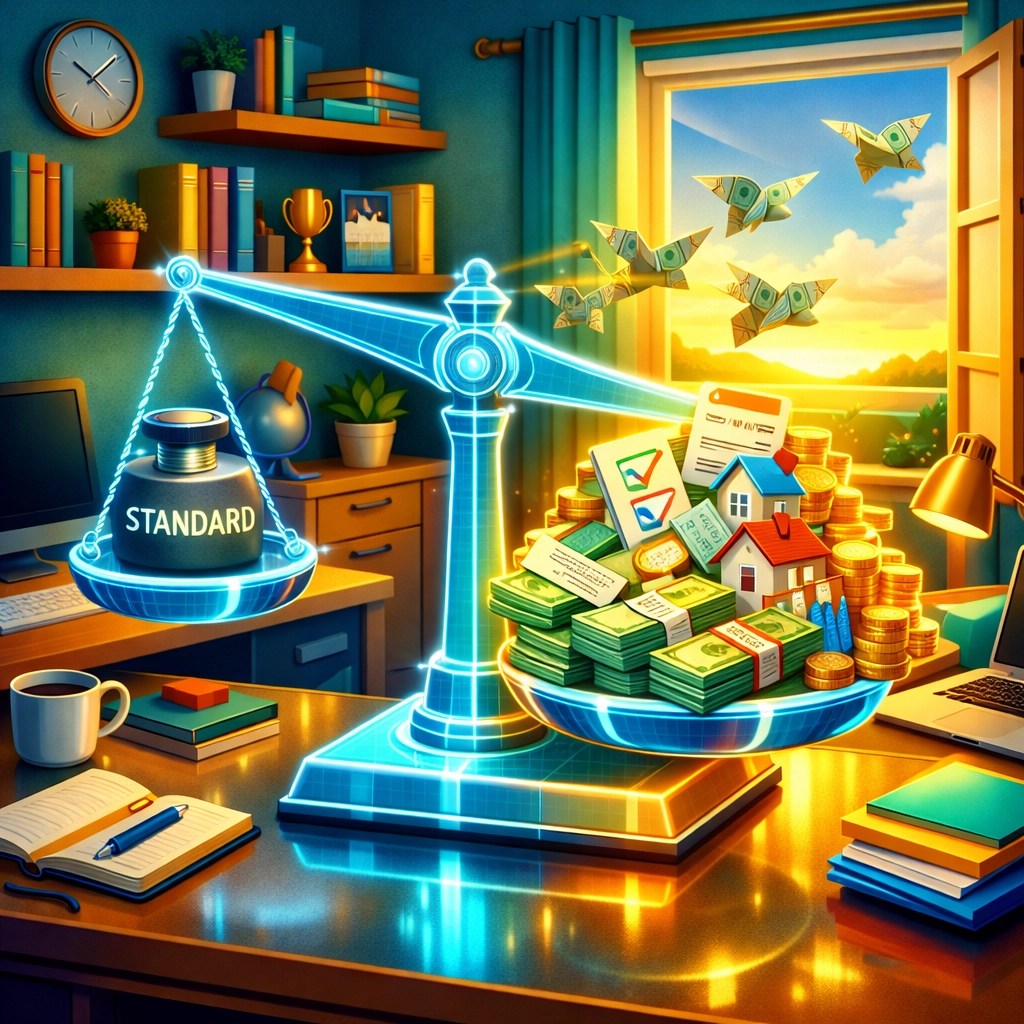 A scale in a home office comparing itemized tax deductions to a standard deduction to maximize savings.