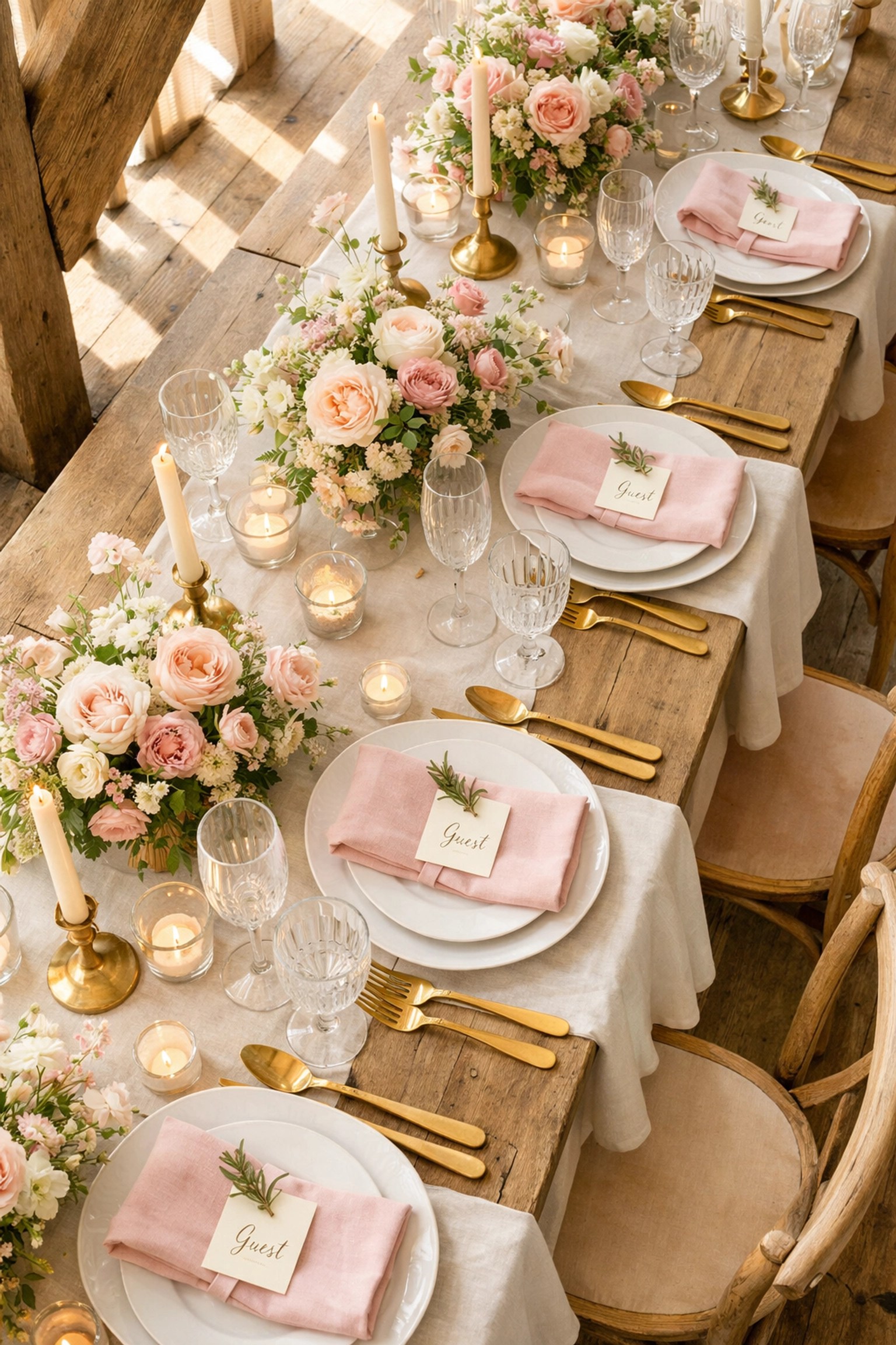 Elegant wedding reception table setting at rustic Kent barn venue with floral centrepiece