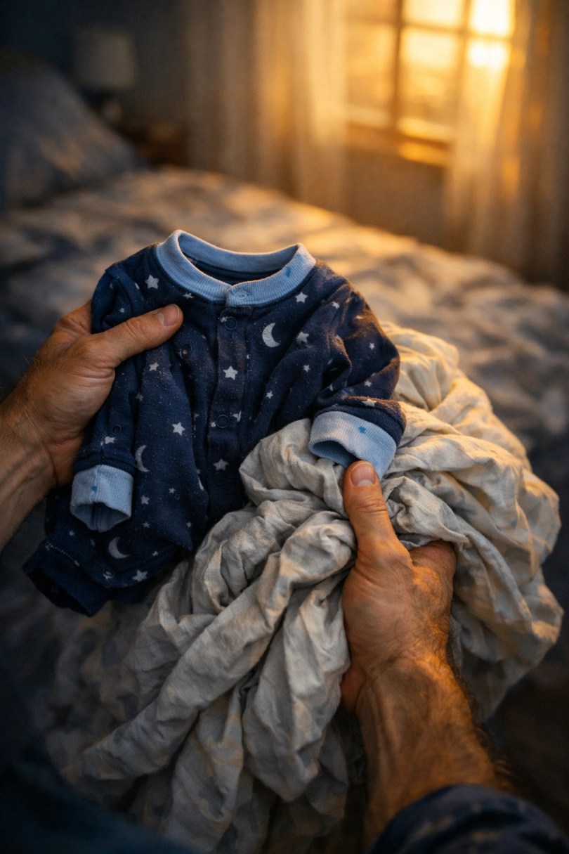 Father holding child's pajamas during 3 AM parenting crisis - real leadership clarity test