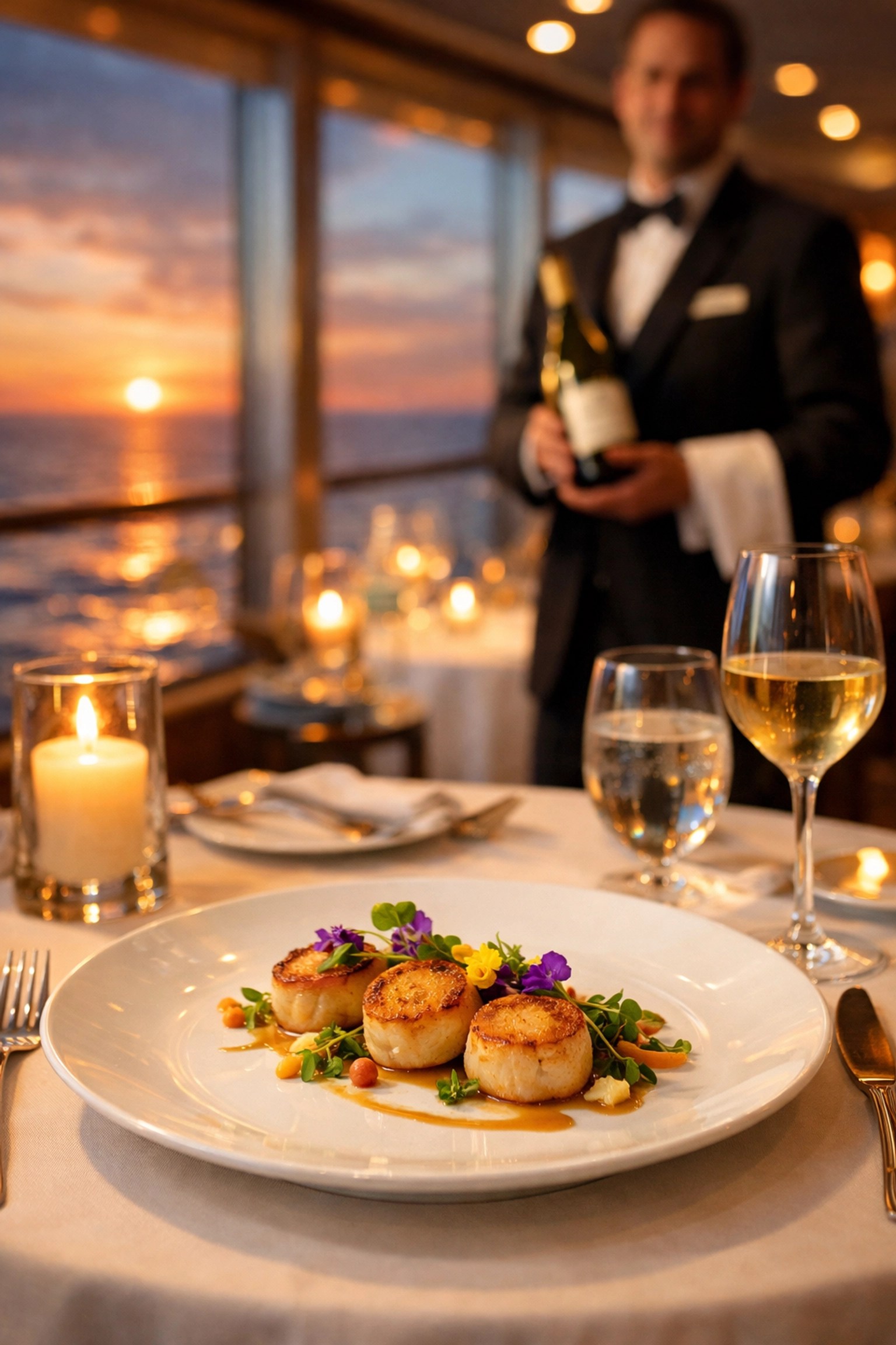 Gourmet scallop dish served at luxury cruise ship restaurant with ocean sunset views