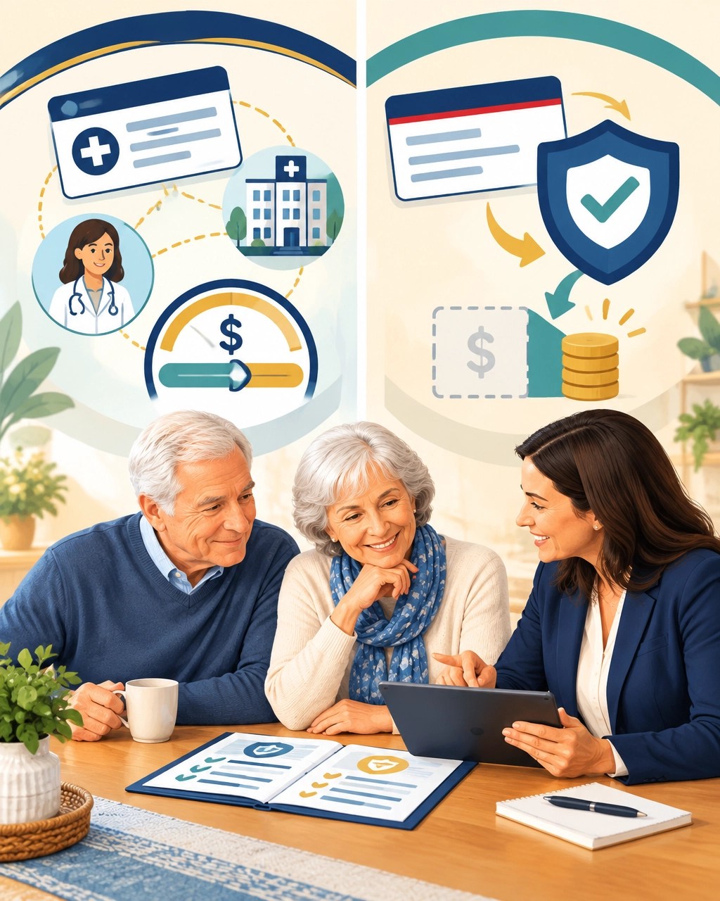 Senior couple comparing Medicare Advantage and Medigap options with a helpful advisor