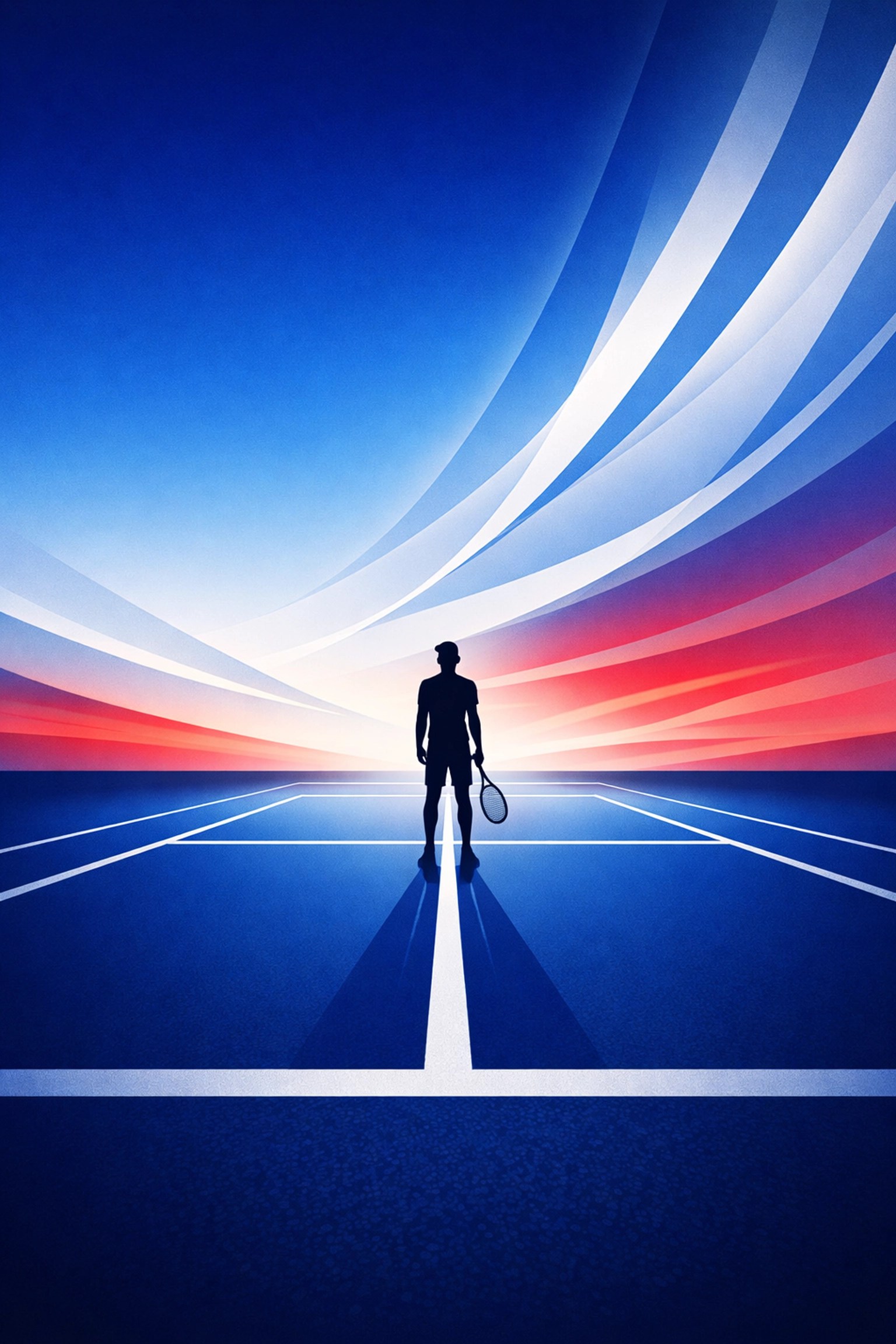 A person in reflection on a tennis court baseline under a bright horizon symbolizing faith and grace.