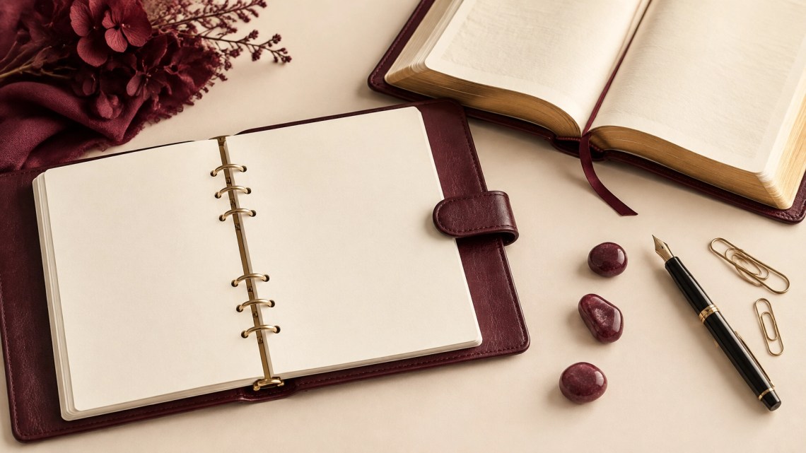 The Q4 Reset Part 1: How to Plan With God, Building a 90-Day Blueprint That Fits Your Real Life 6 Unbranded burgundy leather planner with blank pages, Bible, black pen, and maroon stones arranged as a simple path
