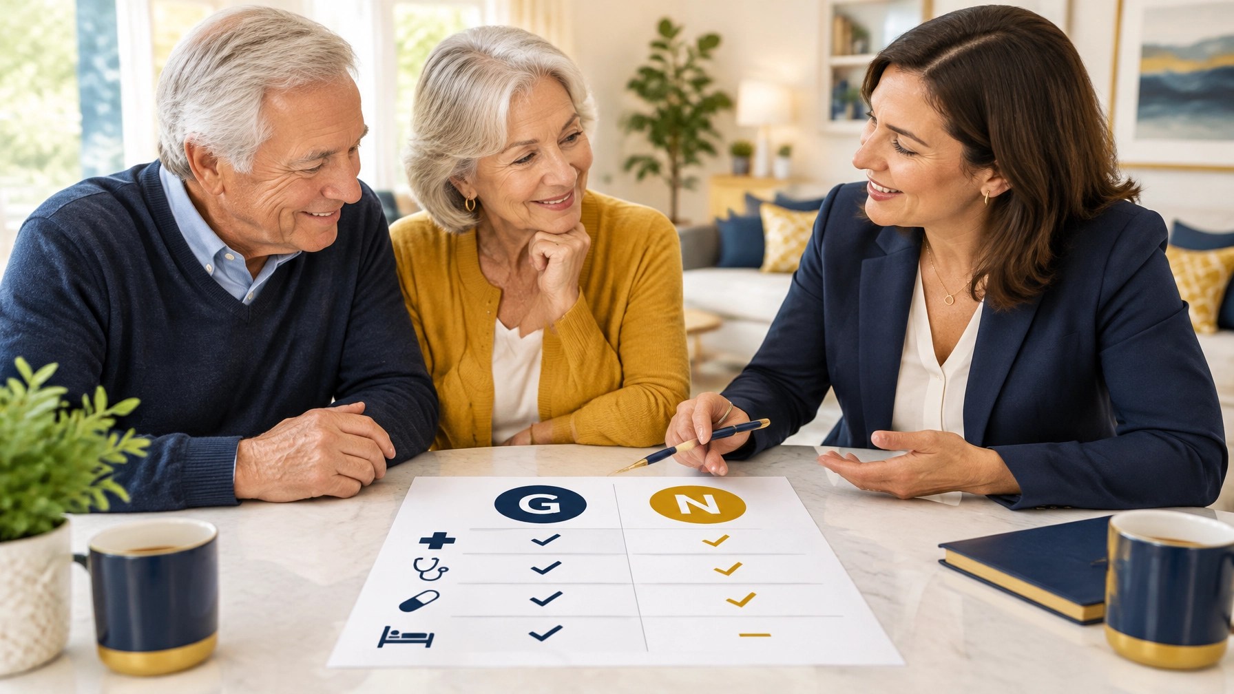 Older couple reviewing a clear Plan G and Plan N comparison with a Medicare advisor