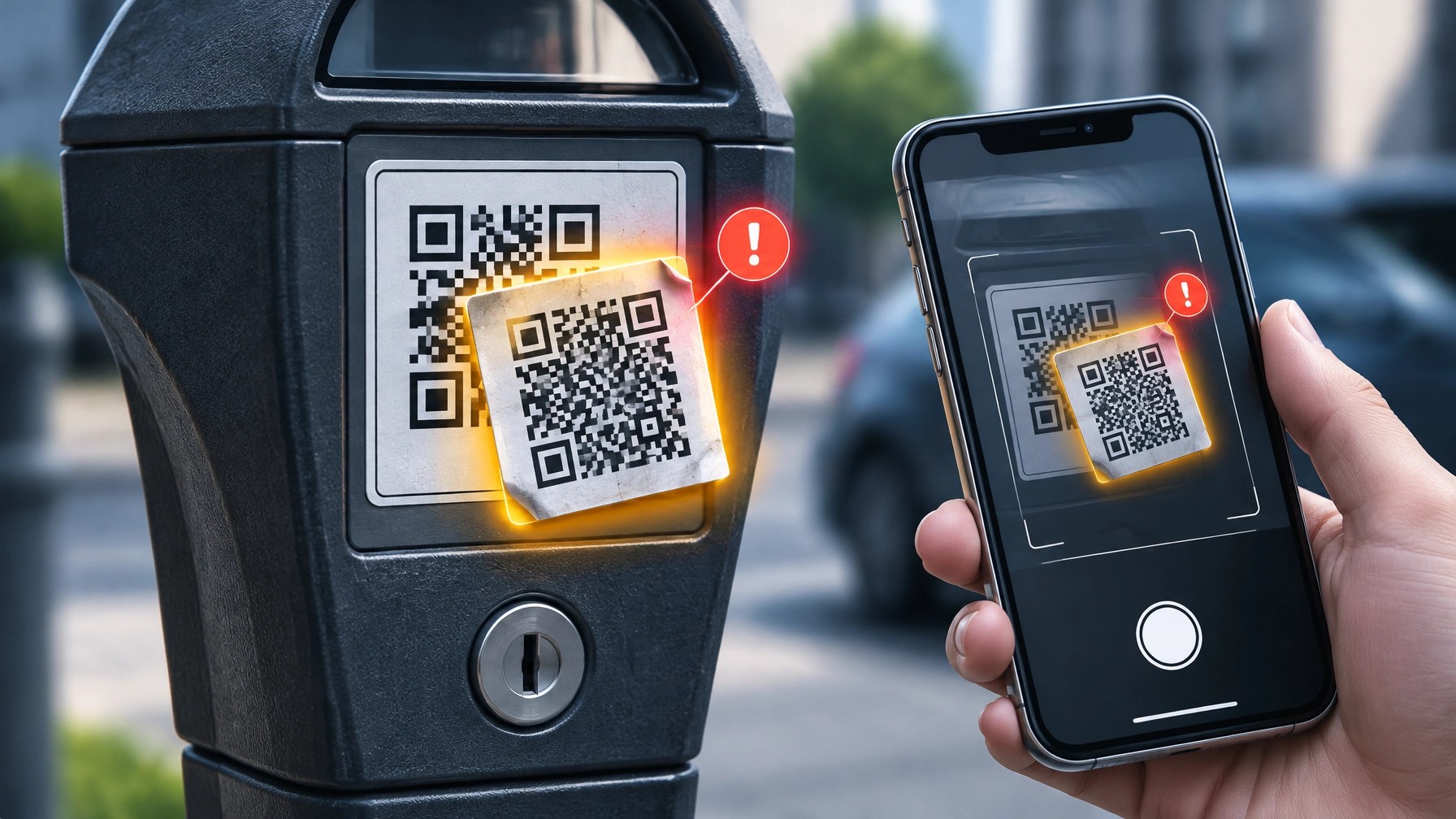 A tampered QR-code sticker over a parking meter's genuine code, highlighted with a warning glow