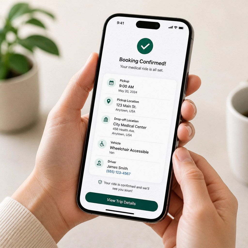 A smartphone screen showing a clean booking confirmation interface for a medical ride