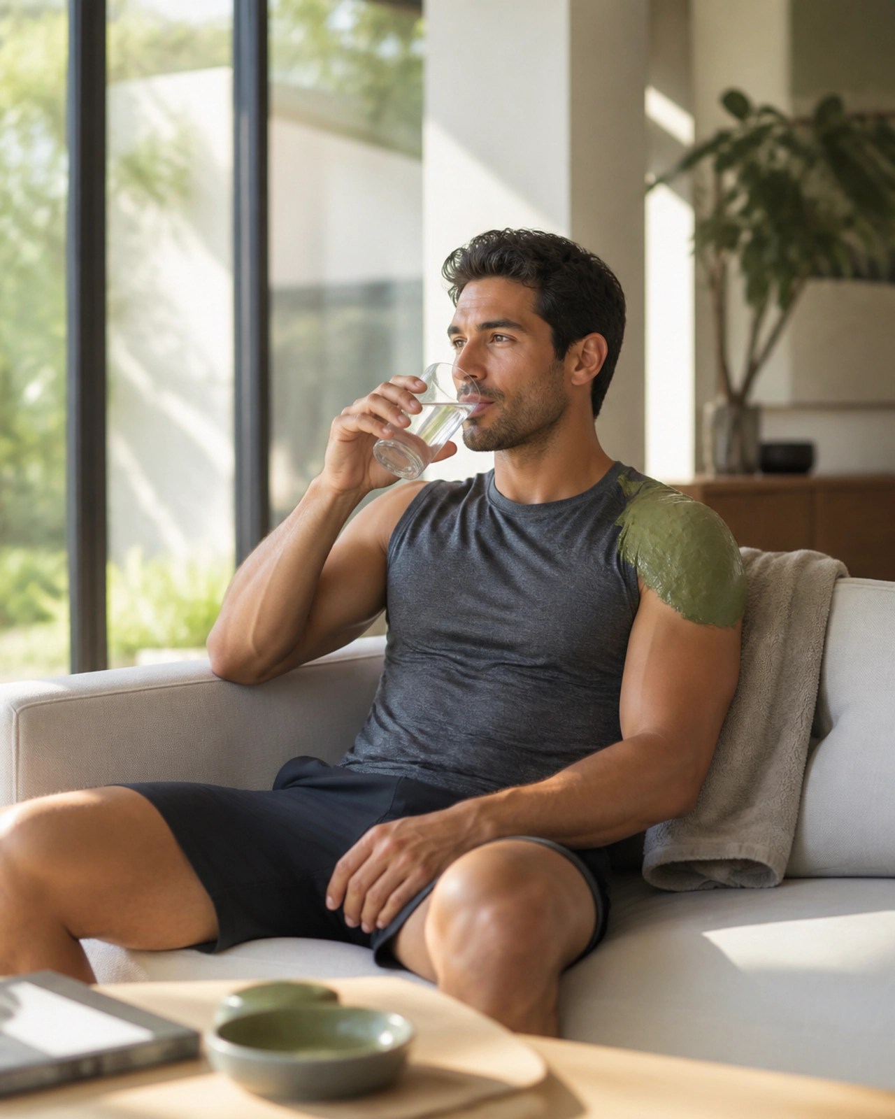 Athlete relaxing at home with a clay poultice on his shoulder