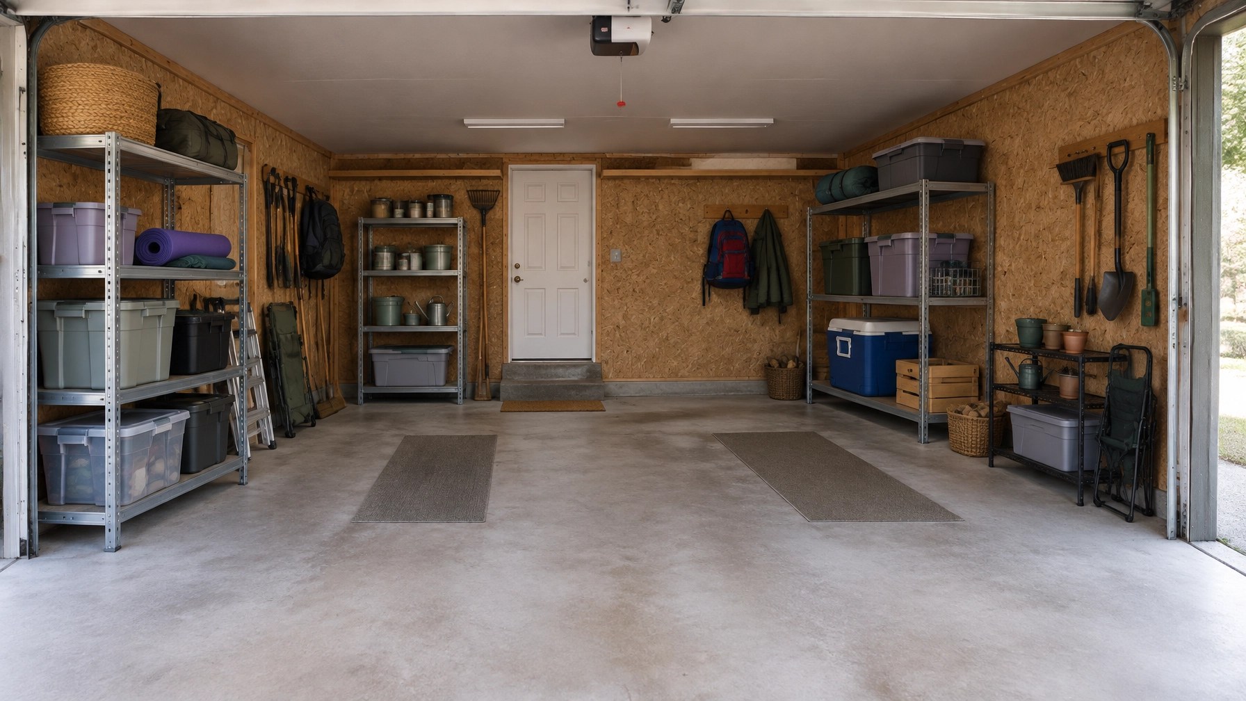 A thoughtfully edited garage storage corner with clear floor space and purposeful categories