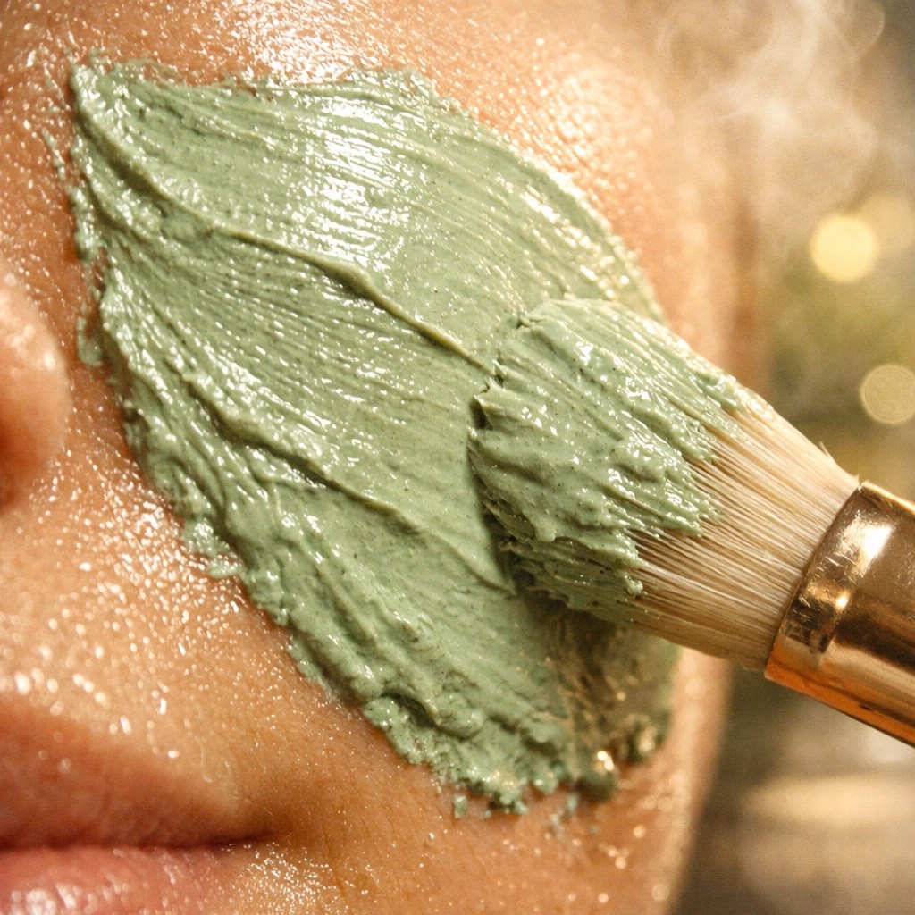 Green illite clay mask applied to face with a brush to stimulate blood circulation and skin healing.