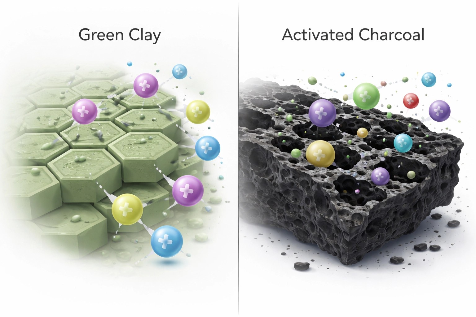 Comparison illustration of green clay attracting toxins versus activated charcoal trapping molecules for detox