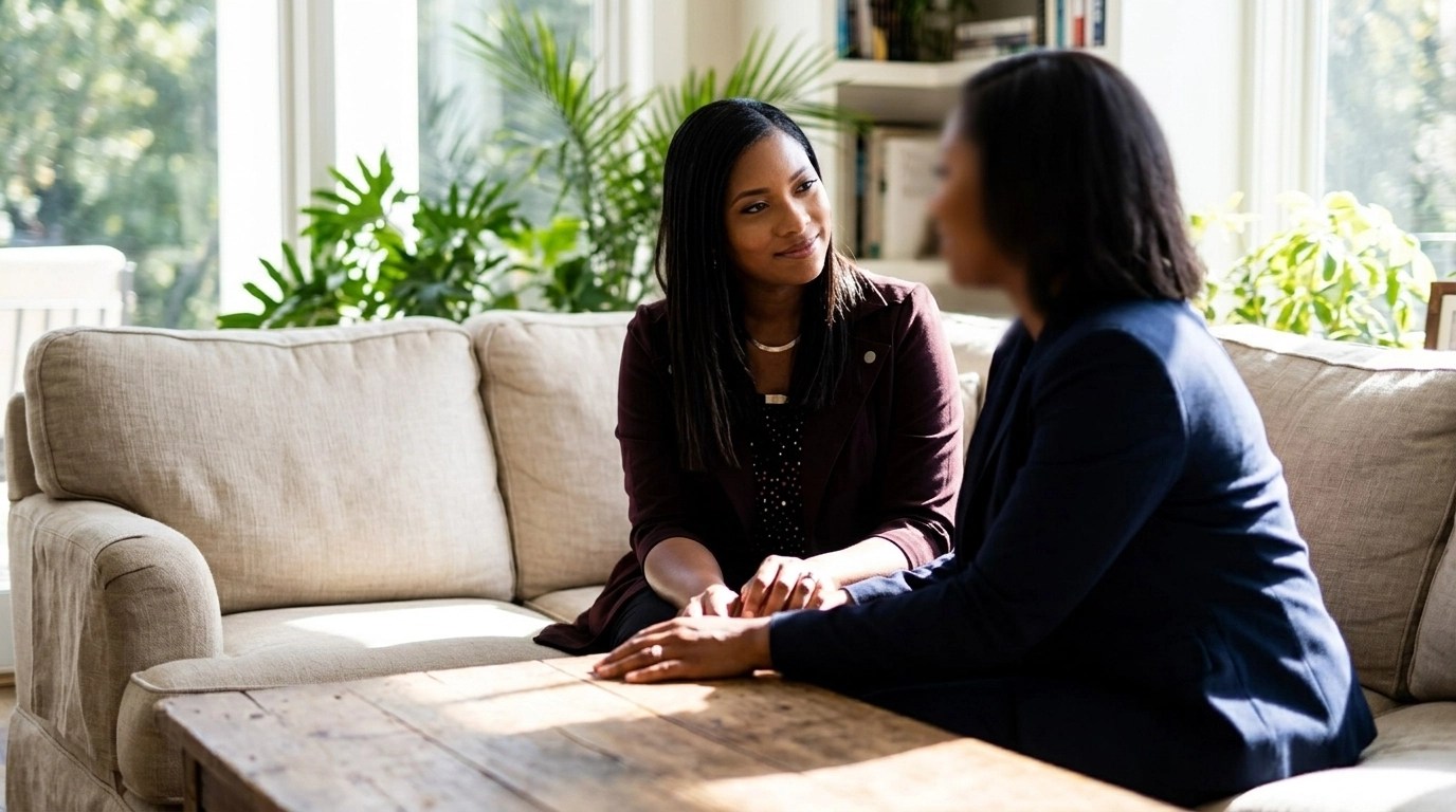 Two people sitting together in a sun-drenched room, representing calm connection and the start of a therapeutic journey.