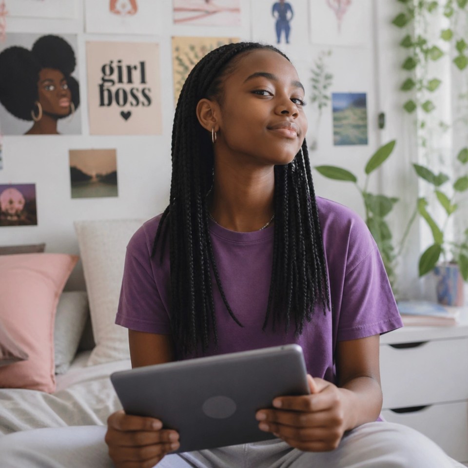 Confident black teen girl with tablet