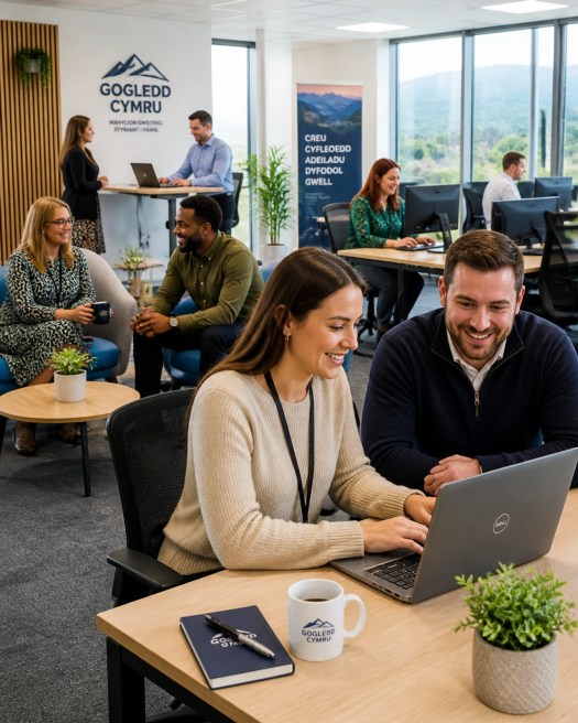 A happy, diverse group of office professionals working in a clean, bright, and healthy office environment in North Wales.