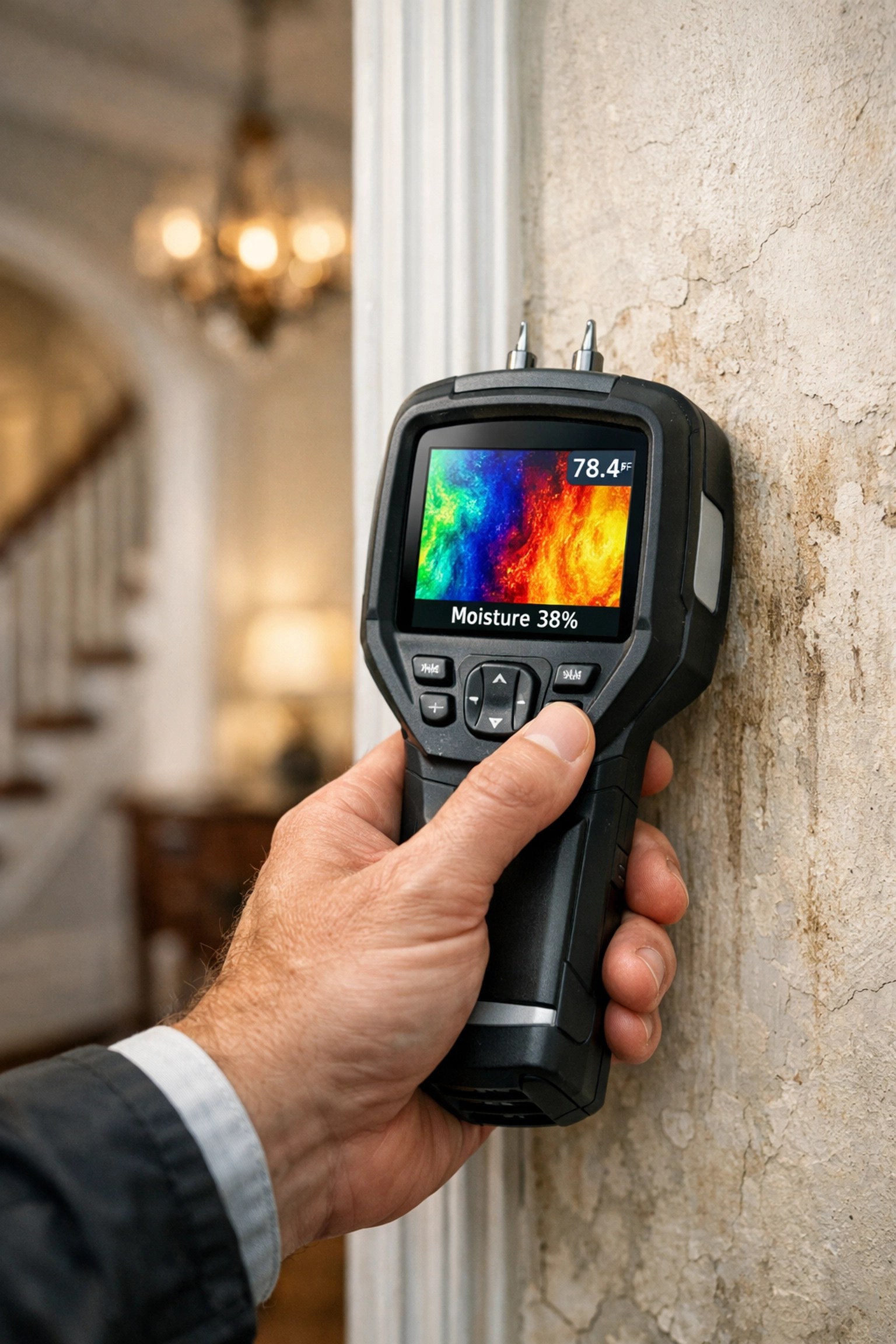 Professional using a moisture meter to detect hidden water damage on a historic Philadelphia plaster wall.