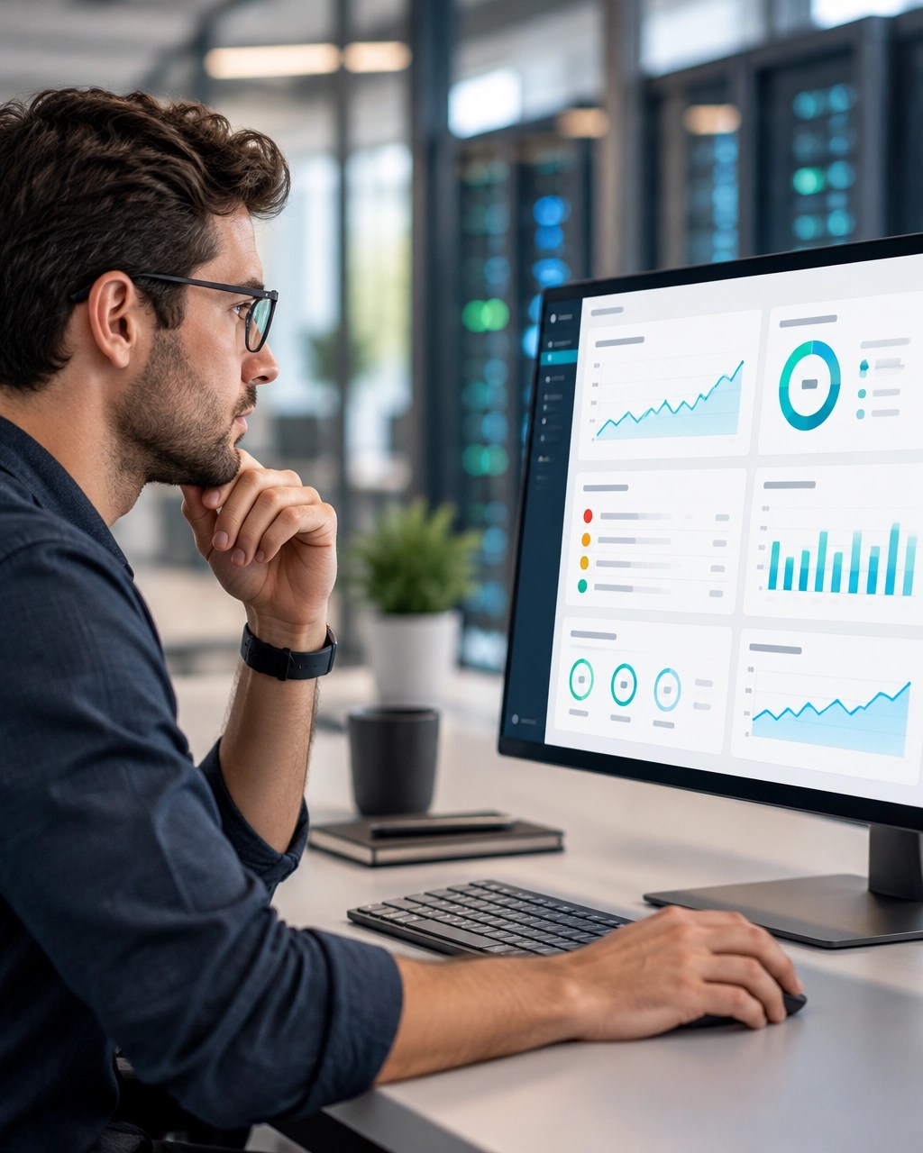 Technical SEO monitoring dashboard represented by a focused specialist reviewing performance and visibility signals