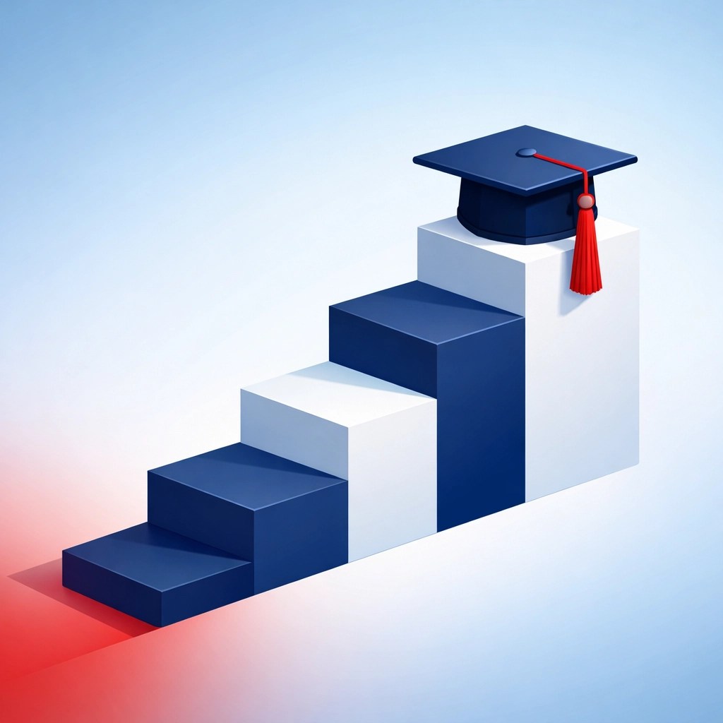 Patriotic illustration of a graduation cap on ascending steps for GI Bill education benefits.