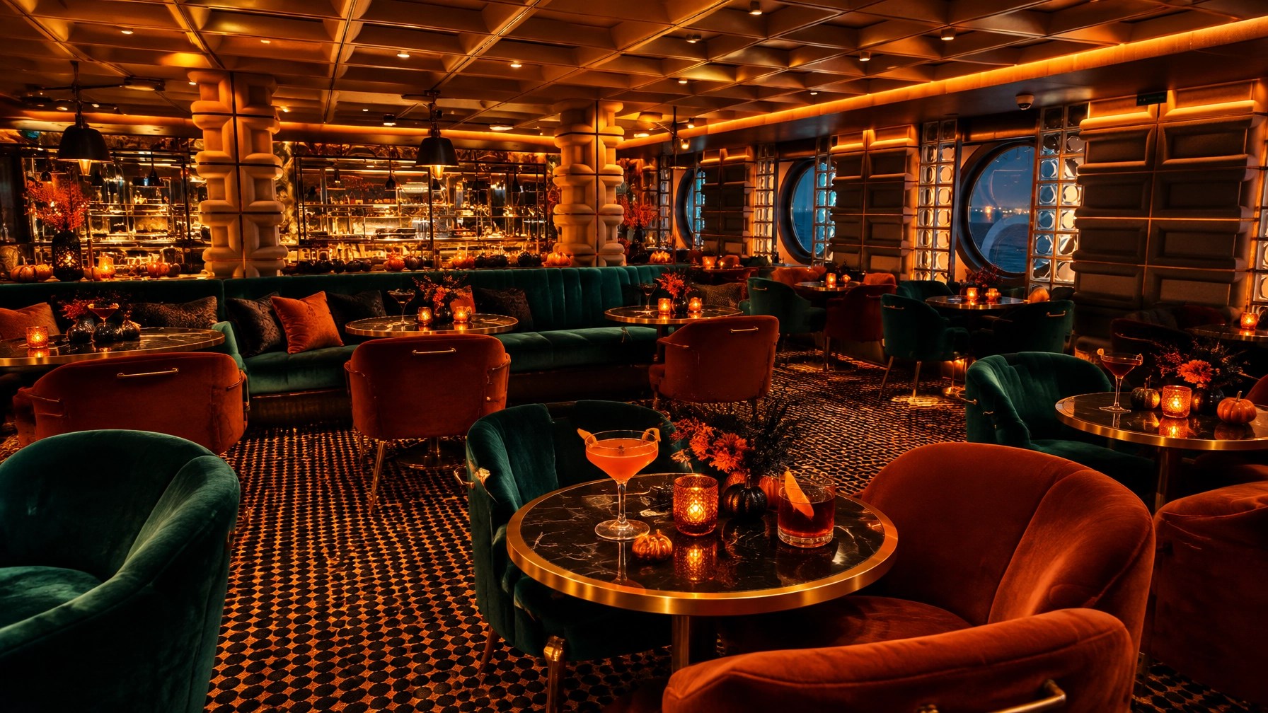 Quiet luxury cruise lounge bar with amber lighting and sophisticated seasonal cocktail details
