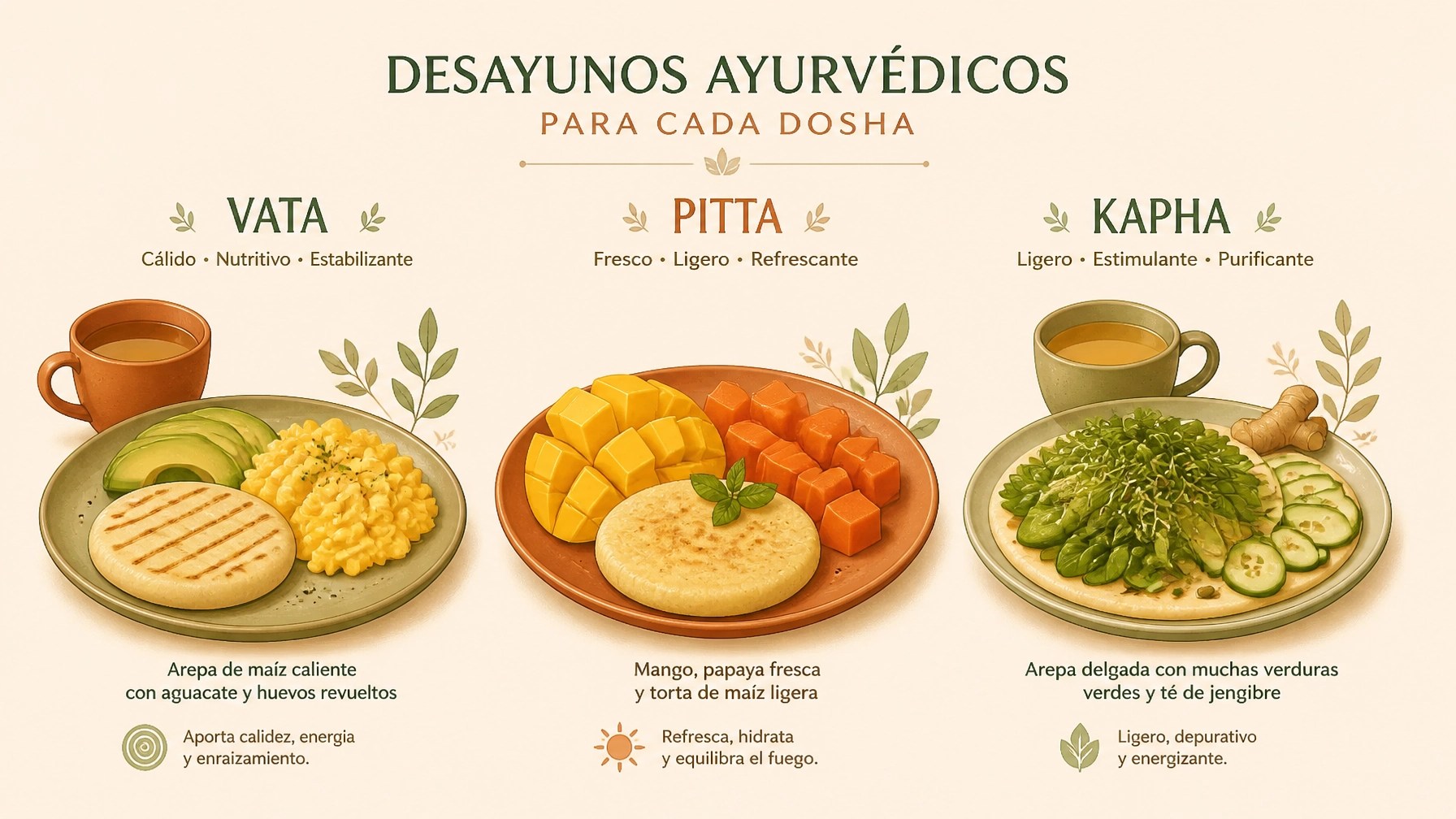 Tres platos adaptados a las constituciones Vata, Pitta y Kapha con ingredientes locales