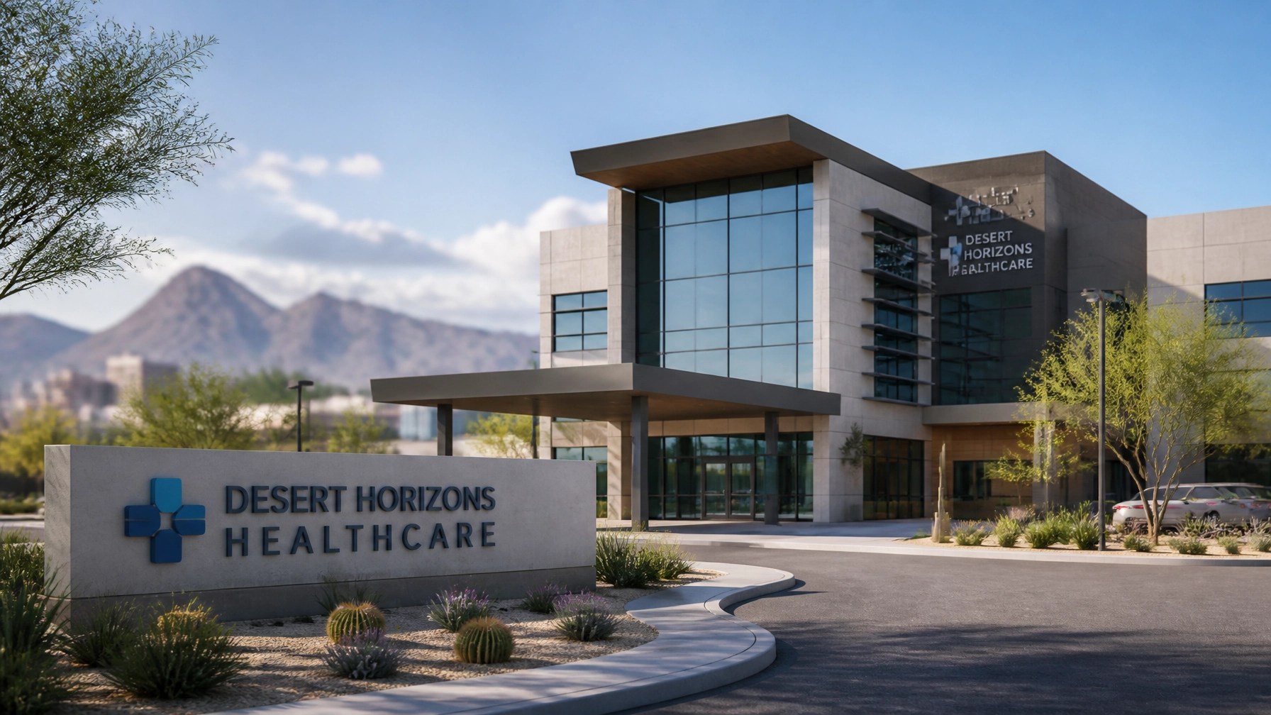 Architectural rendering of a modern healthcare campus, emphasizing structural integrity and professional design.