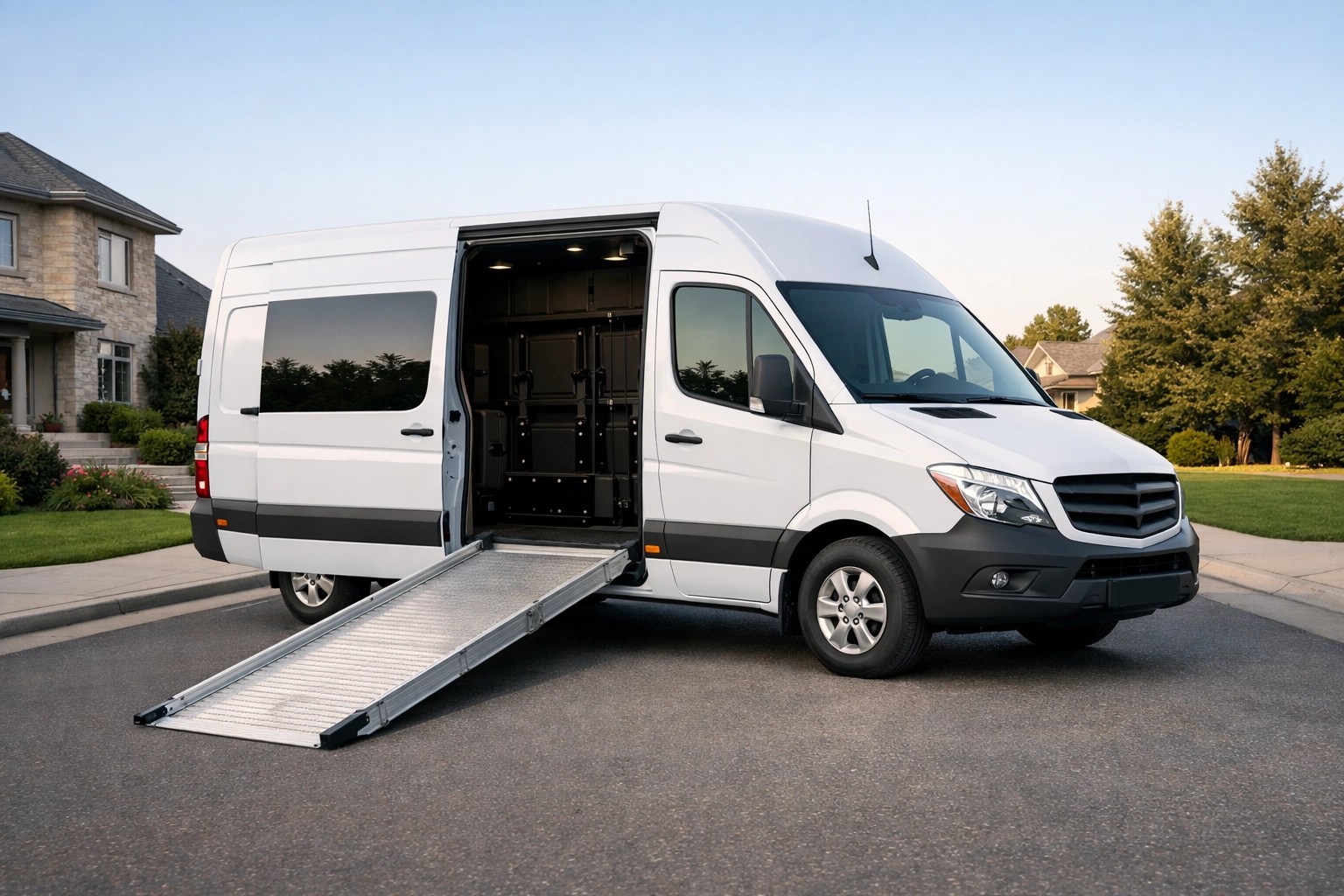 White wheelchair-accessible medical van with ramp extended for patient transport.