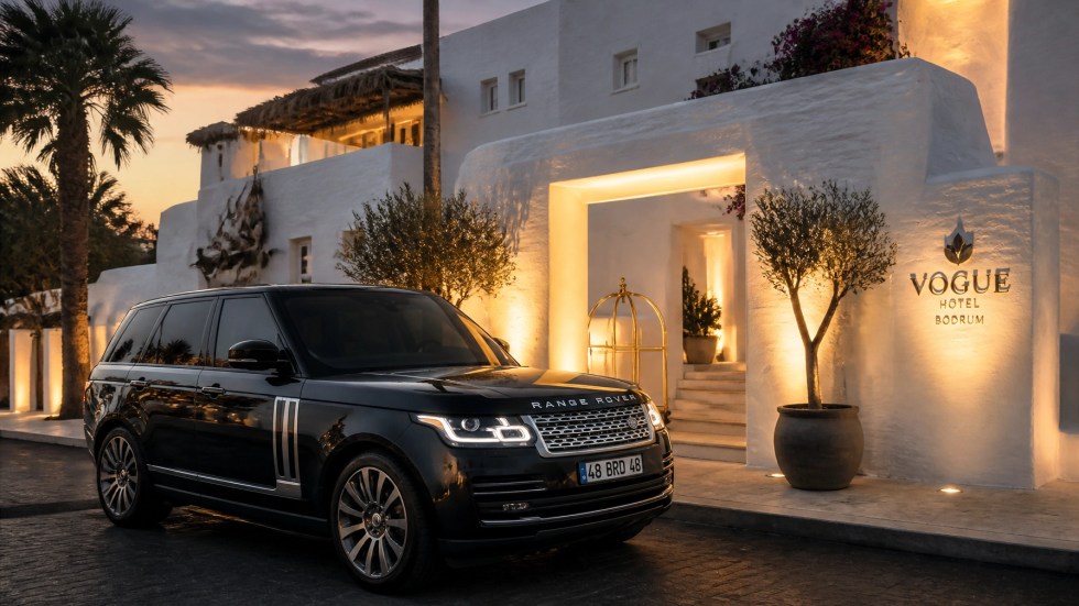 A luxury private transfer vehicle parked outside a high-end Bodrum hotel at dusk