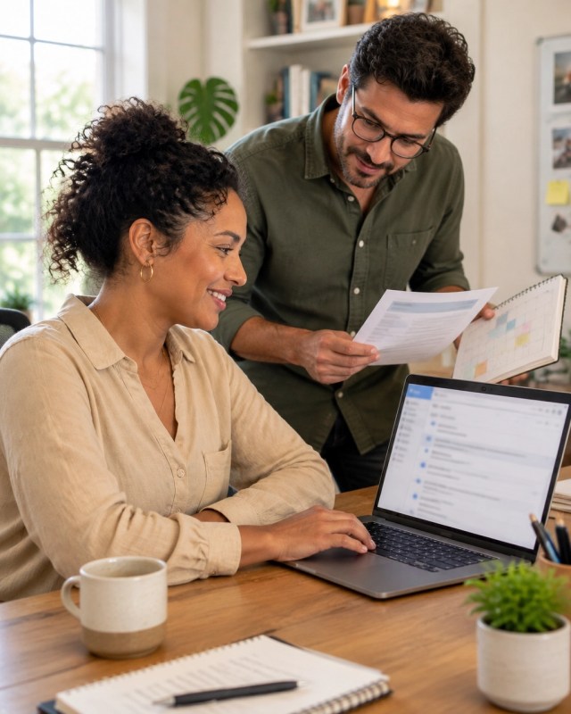 Office Team Organizing Customer Messages Office administrator reviewing customer messages and a quote with a coworker
