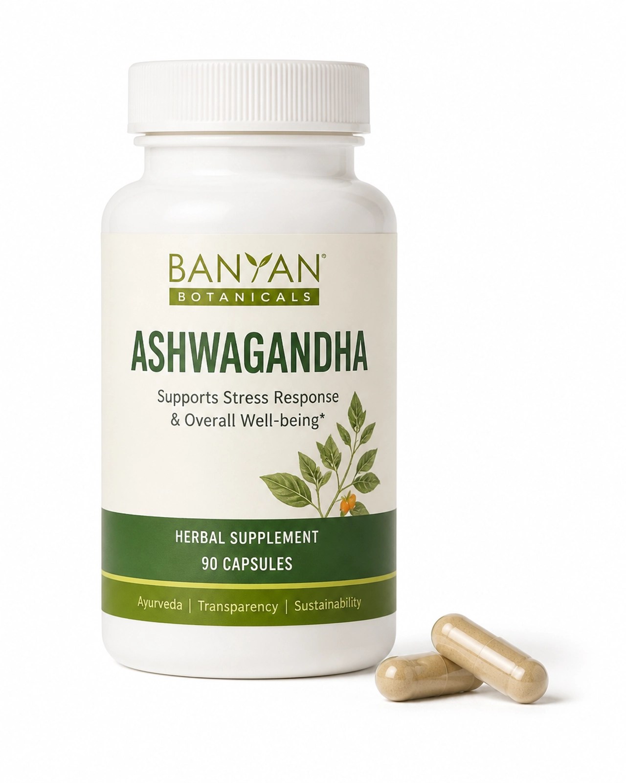 Cápsulas de Ashwagandha de alta calidad sobre fondo blanco